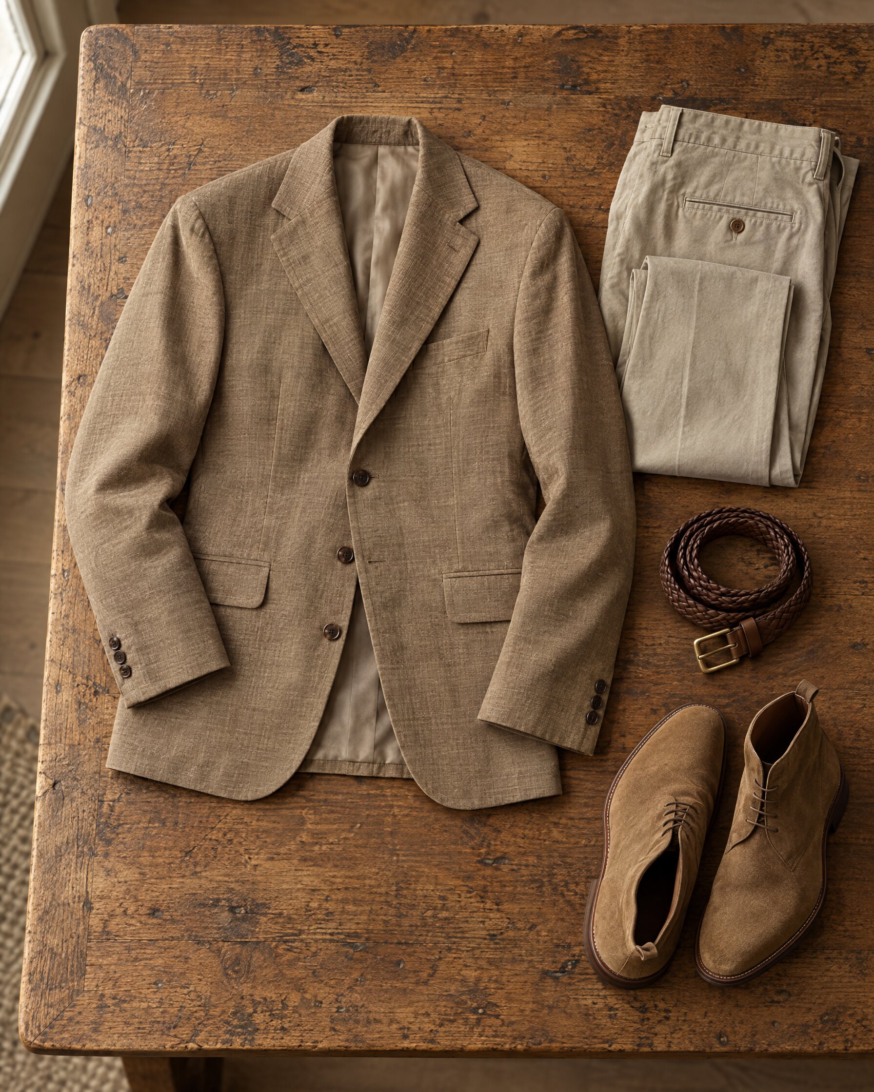 Brown unstructured Brunello Cucinelli Spectre jacket laid flat with stone trousers, braided belt and suede boots