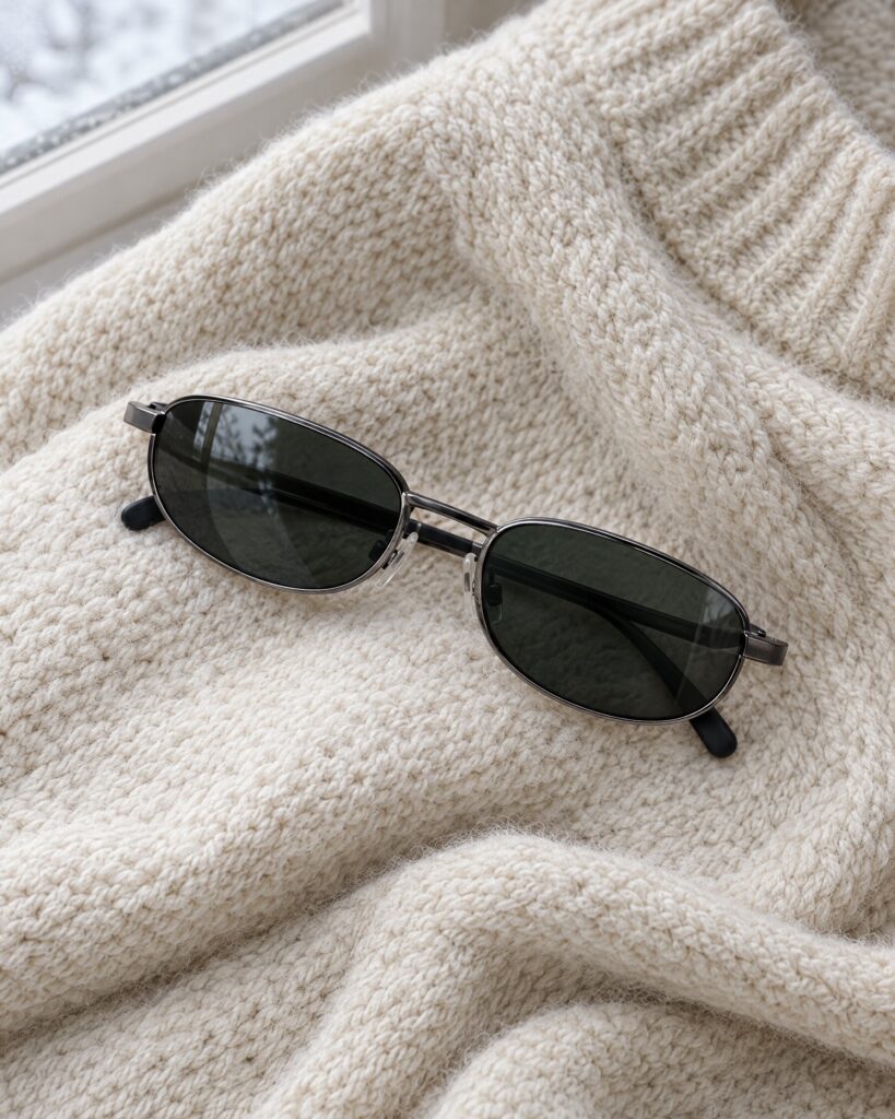 Calvin Klein 2007 style dark sunglasses resting on a wool sweater