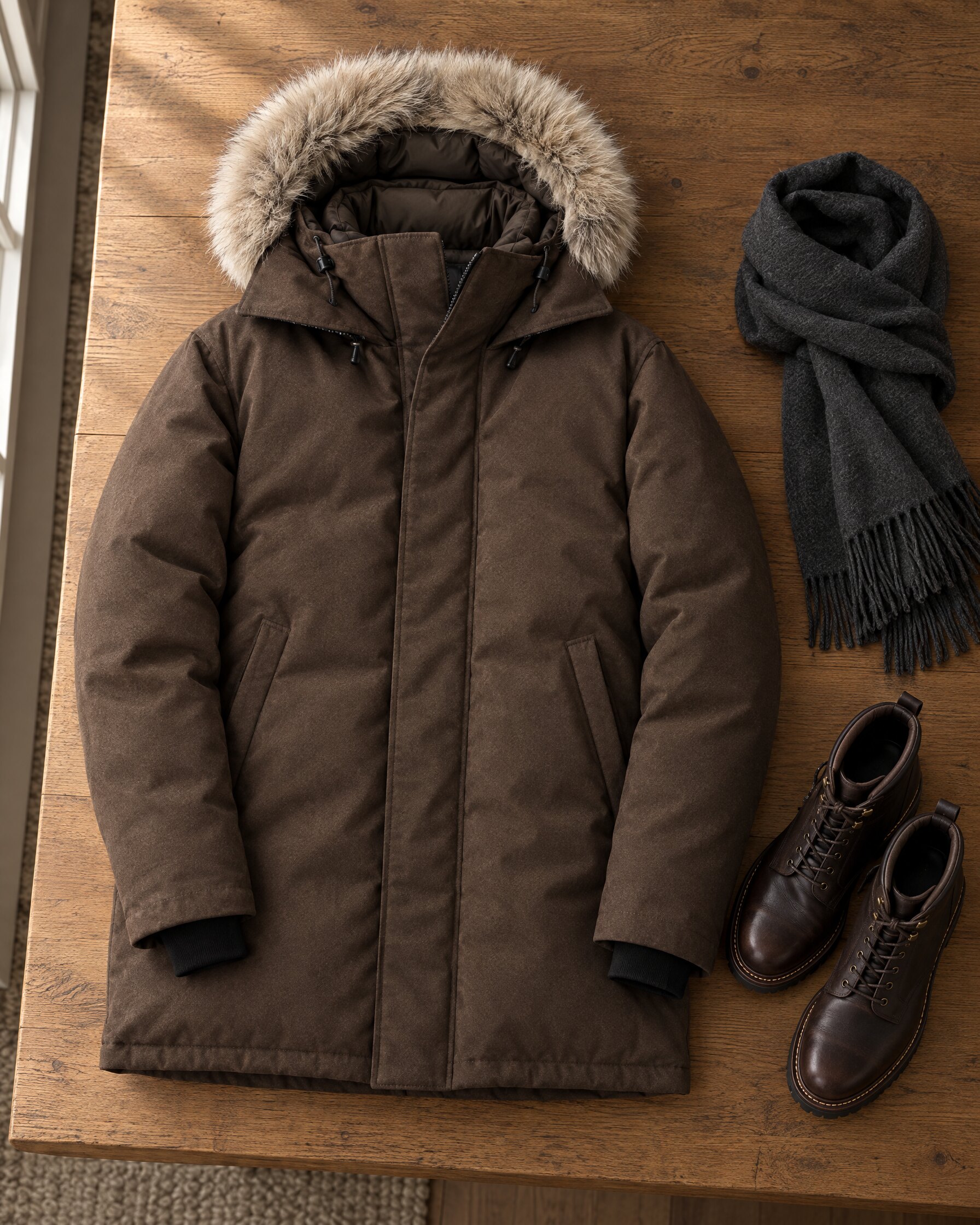 Brown wool Canada Goose Como Parka with fur ruff laid flat on an oak table beside leather boots and a grey scarf