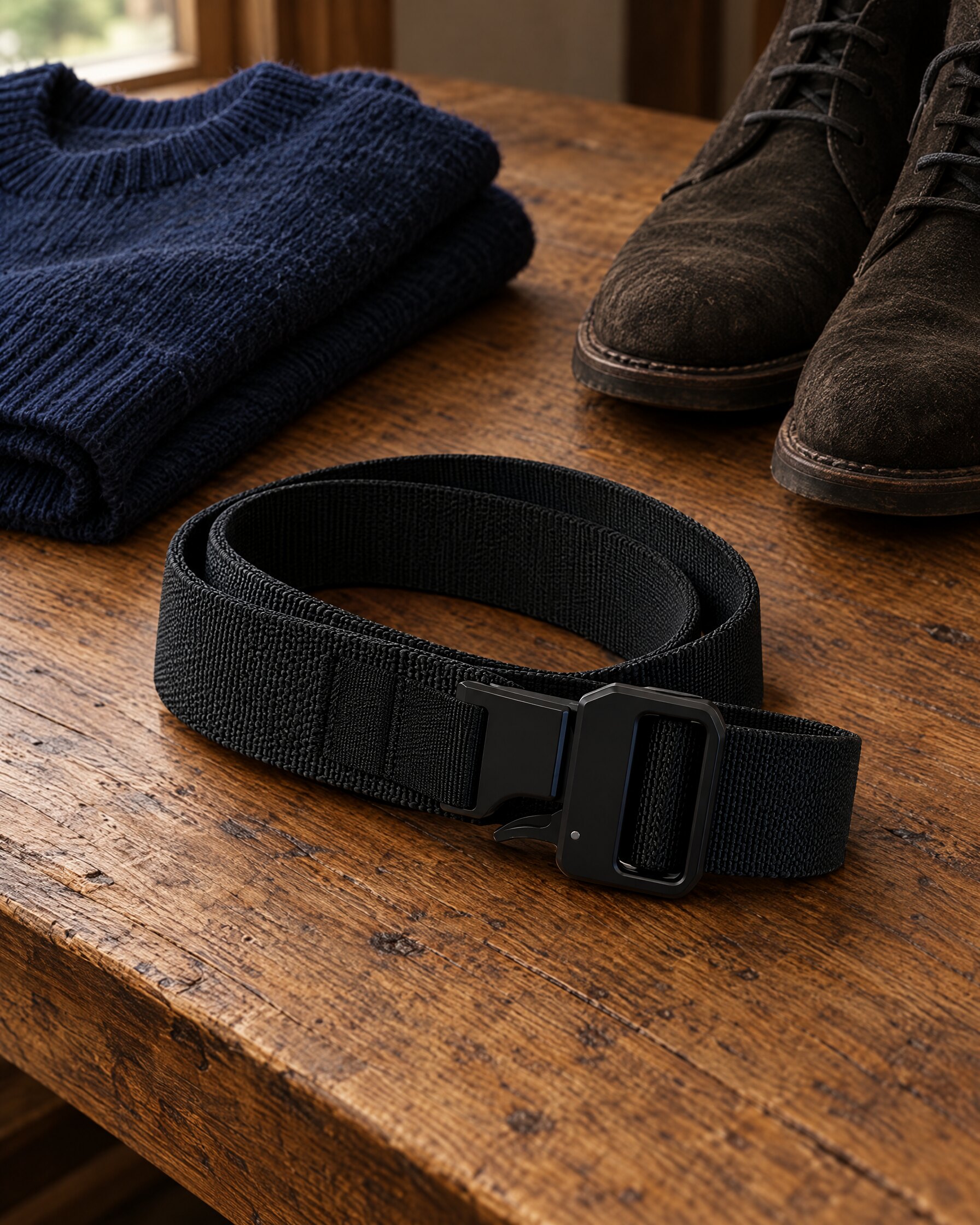Carbon Tactics Epoch buckle on a black webbing belt, laid flat beside a navy jumper and suede boots