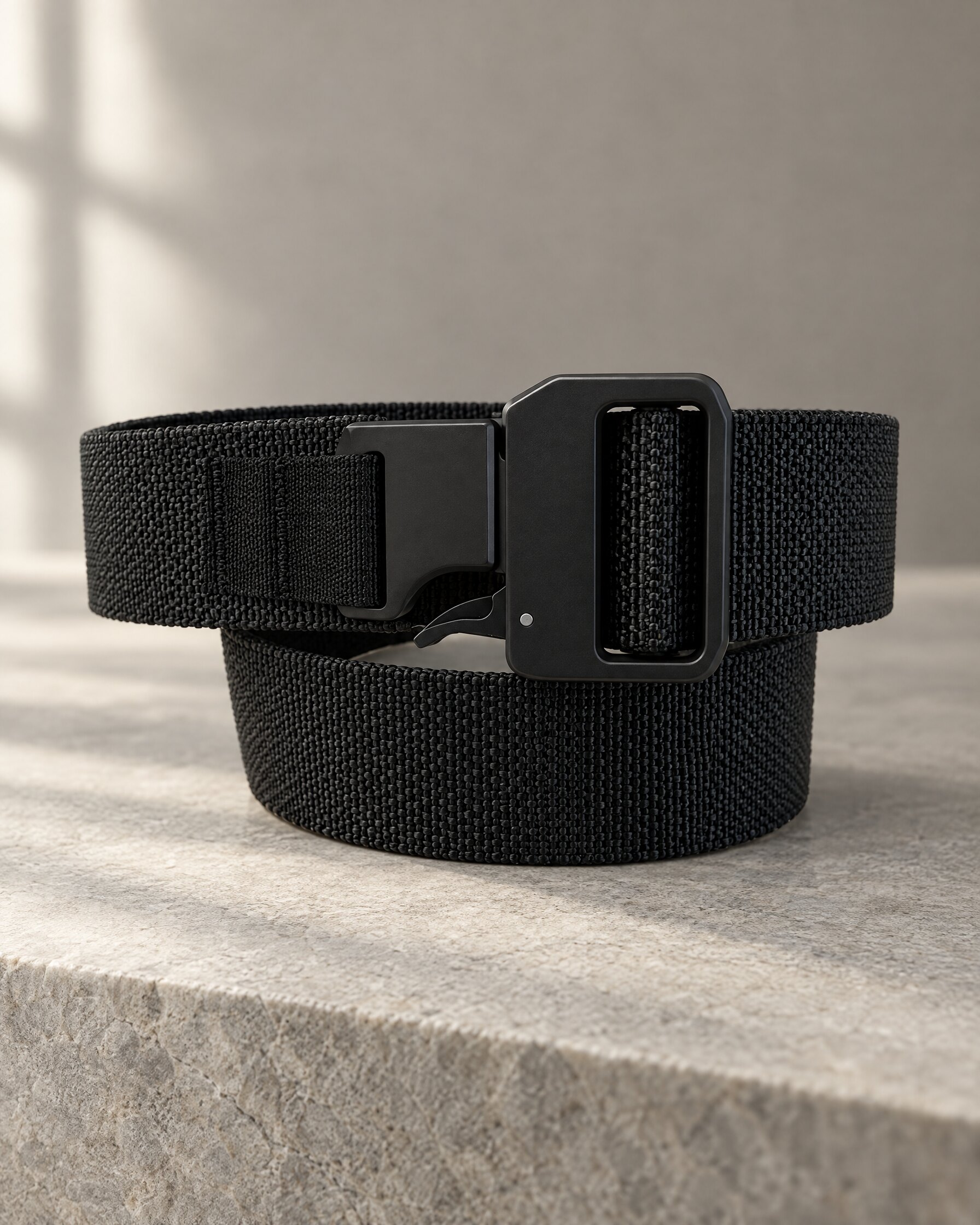 Black Carbon Tactics Quicky buckle on a black belt resting on grey stone in soft natural light