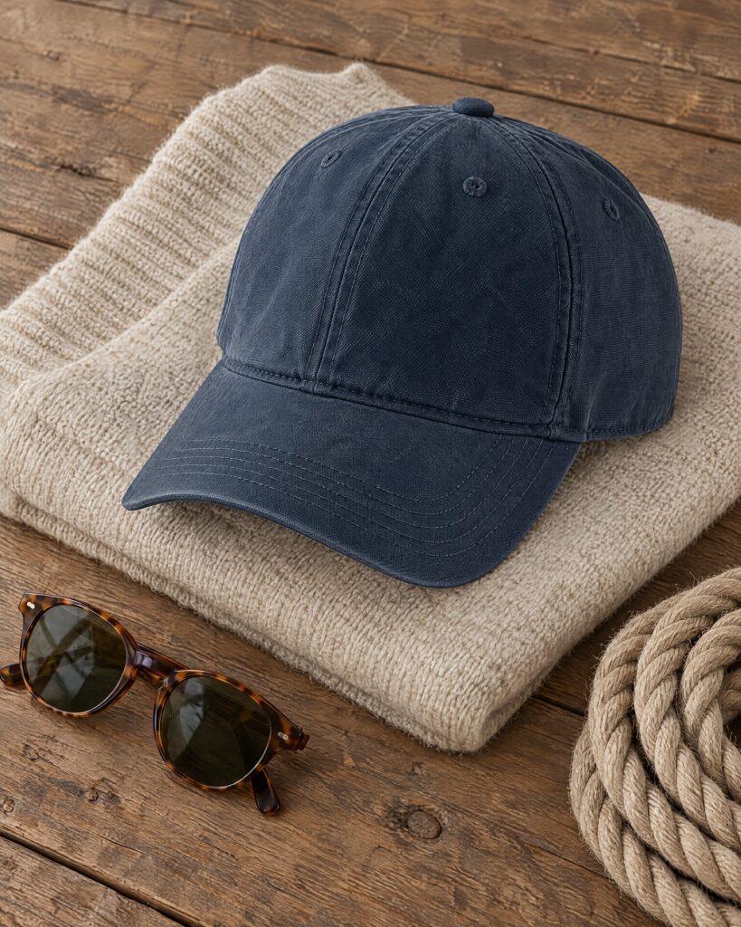 Navy washed-canvas baseball cap on a folded oatmeal knit with sunglasses and rope on a teak board