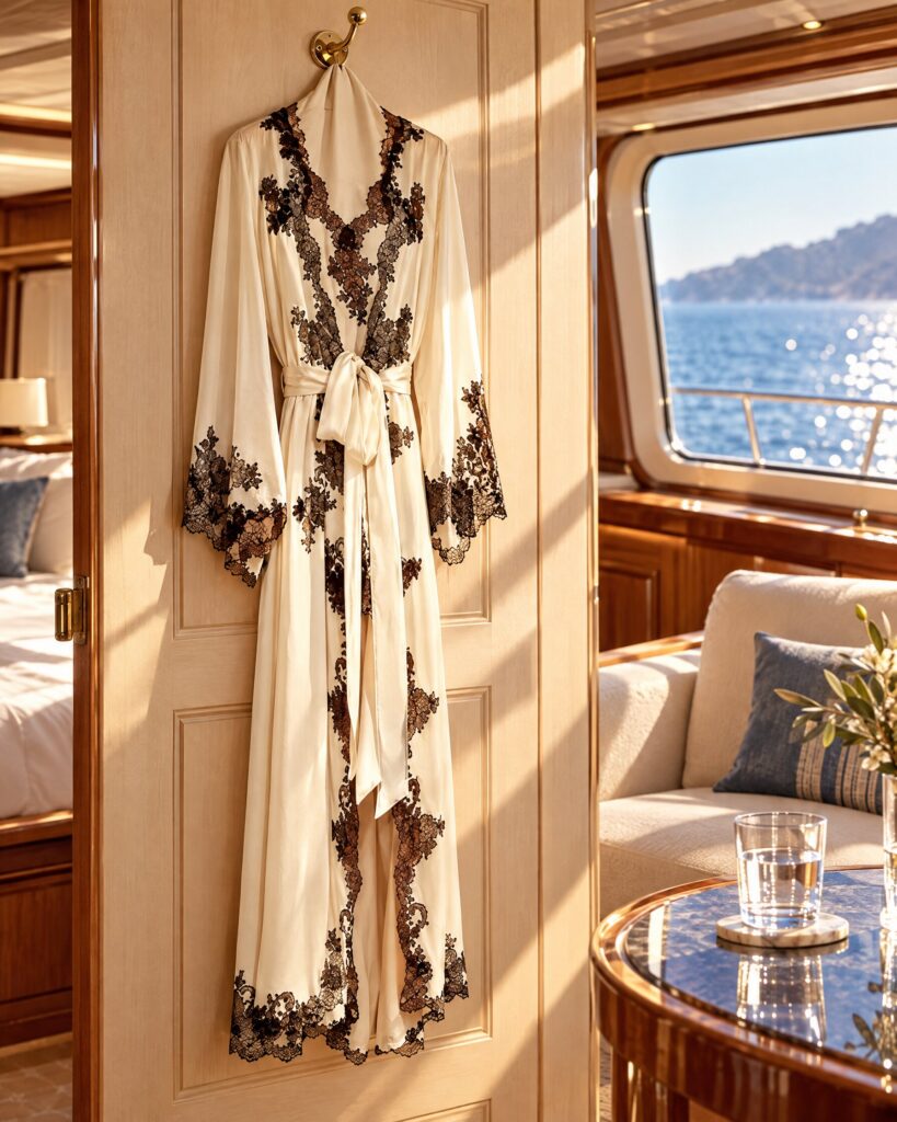 Silk robe with black lace hanging in a sunlit yacht cabin
