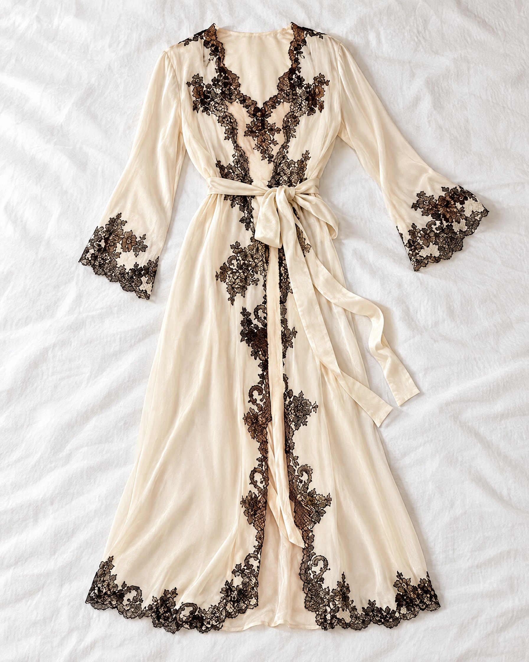 Cream silk-satin robe with black lace trim laid flat on linen