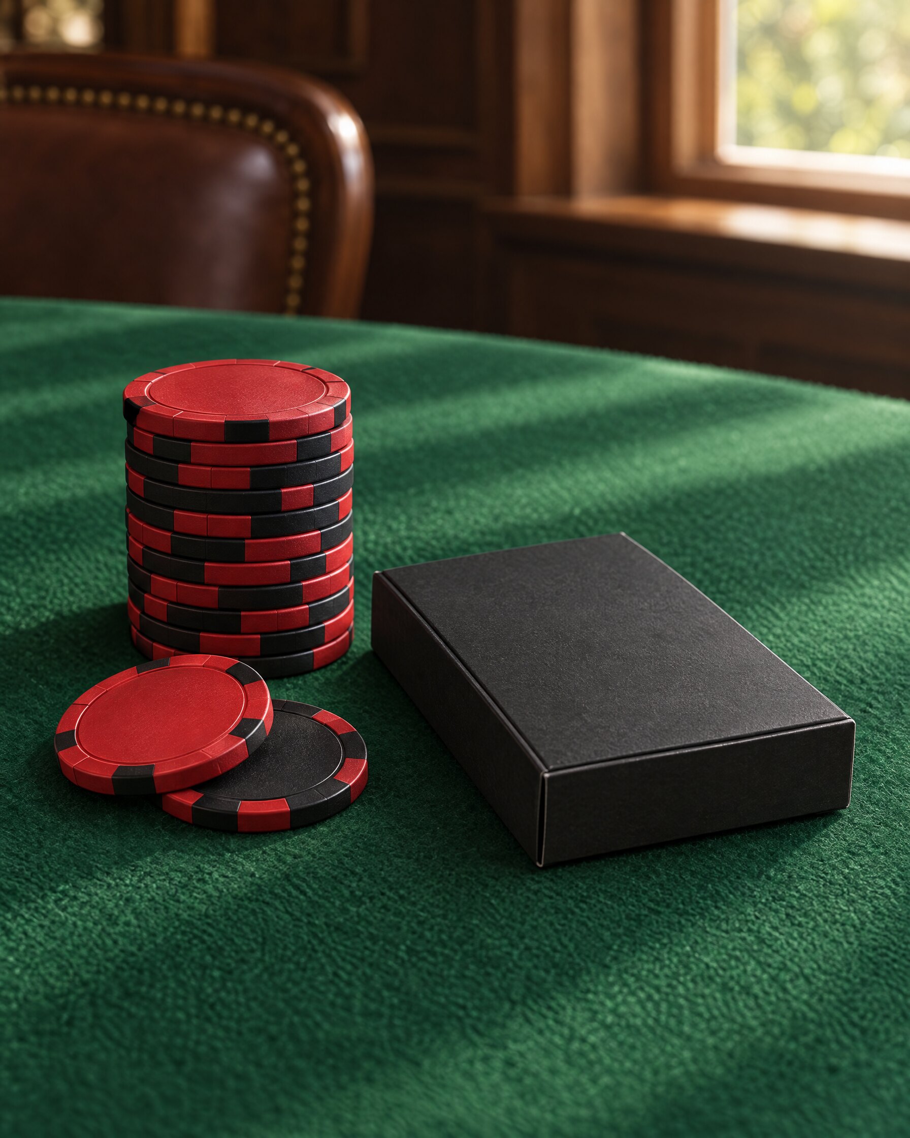 Stack of plain casino chips beside a card deck on green baize