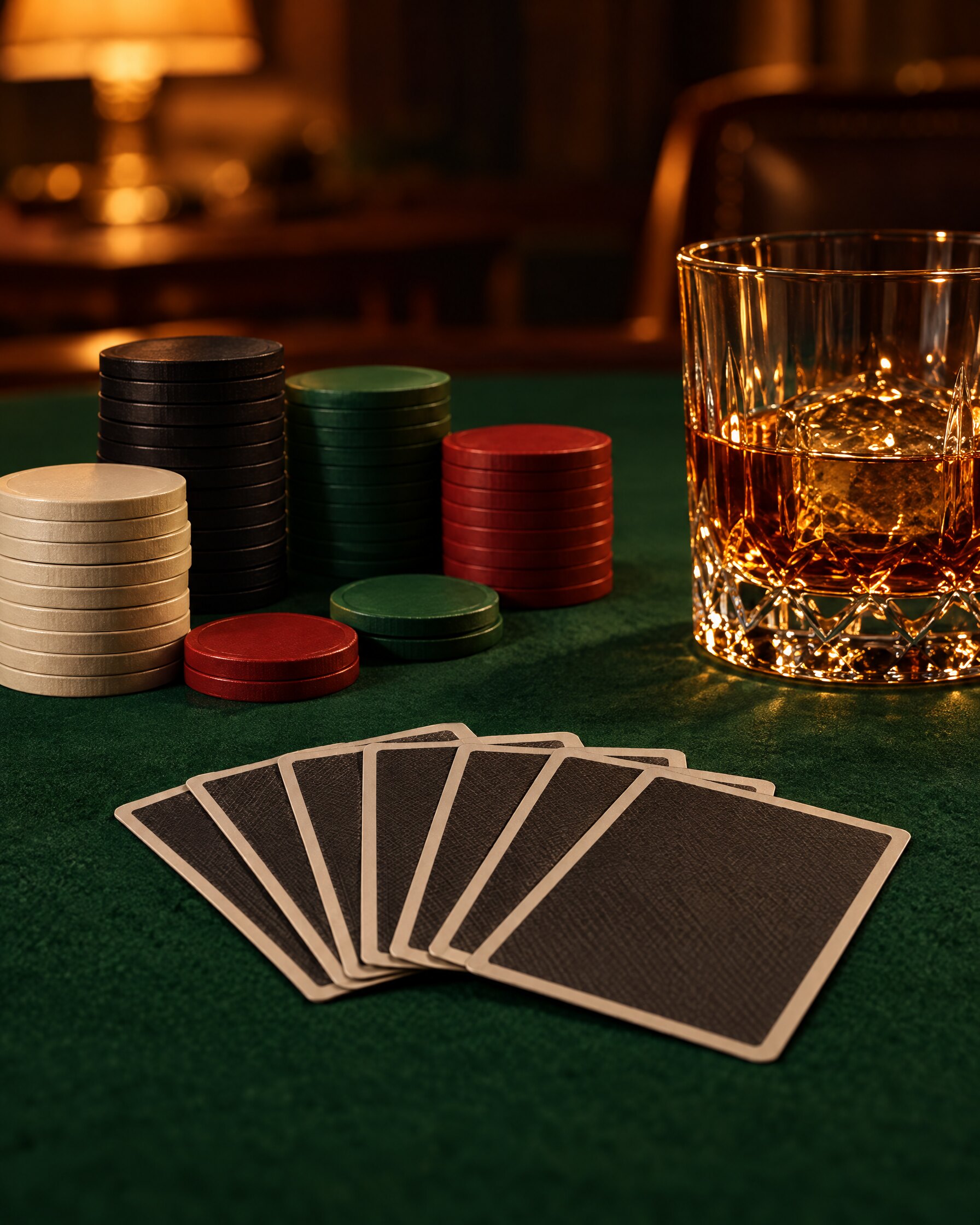Home card table with stacks of casino chips and face-down cards
