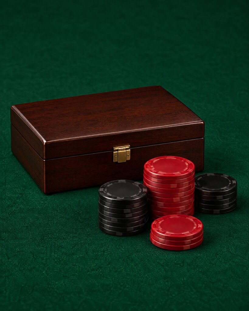 Wooden poker box with stacks of black and red chips on green baize