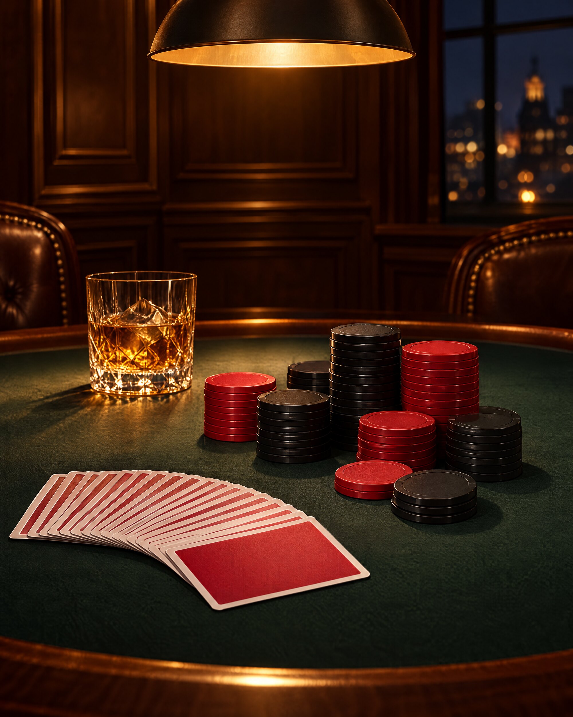 Poker chips and cards on a card table under a warm lamp