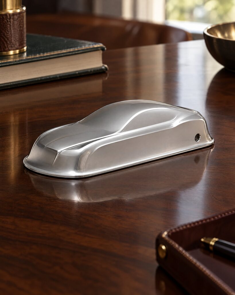 Shaped chrome presentation box with a round die-cut hole on a walnut table