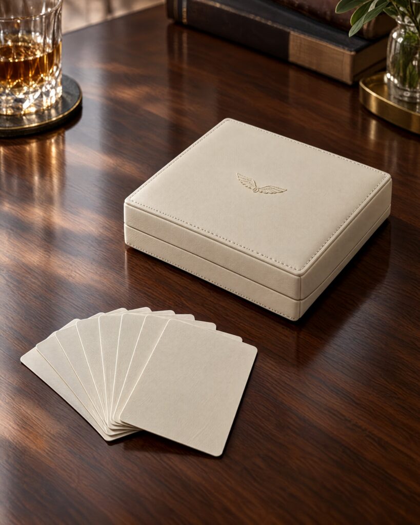 Cream leather clamshell book case with stitched wing emblem and playing cards