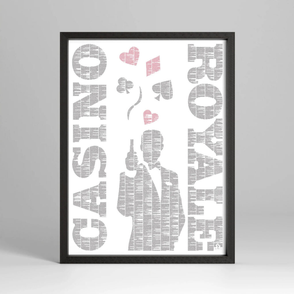 Light oak framed Casino Royale book poster on a study wall seen from across the room