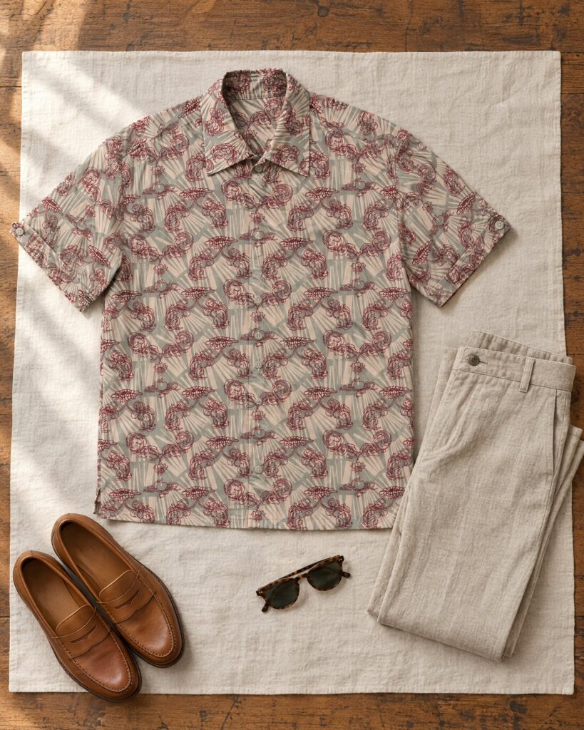 Casino Royale Madagascar shirt in red floral Liberty print laid flat with stone linen trousers and tan loafers