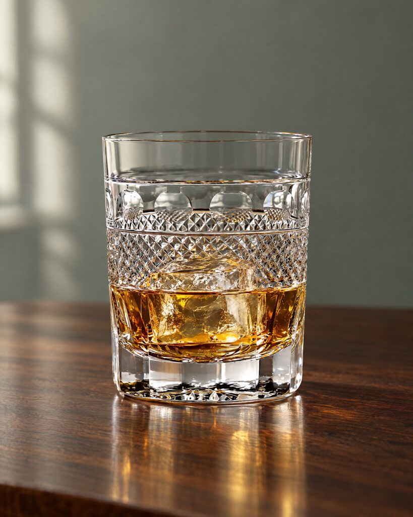 Cumbria Crystal Grasmere hand-cut crystal tumbler with whisky and a single ice cube on a dark walnut table
