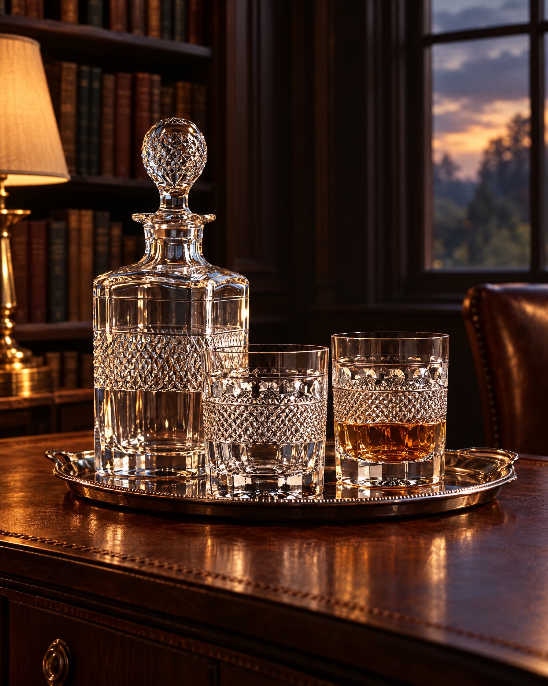 Two Casino Royale whisky tumblers from Cumbria Crystal on a silver tray beside a decanter in a study