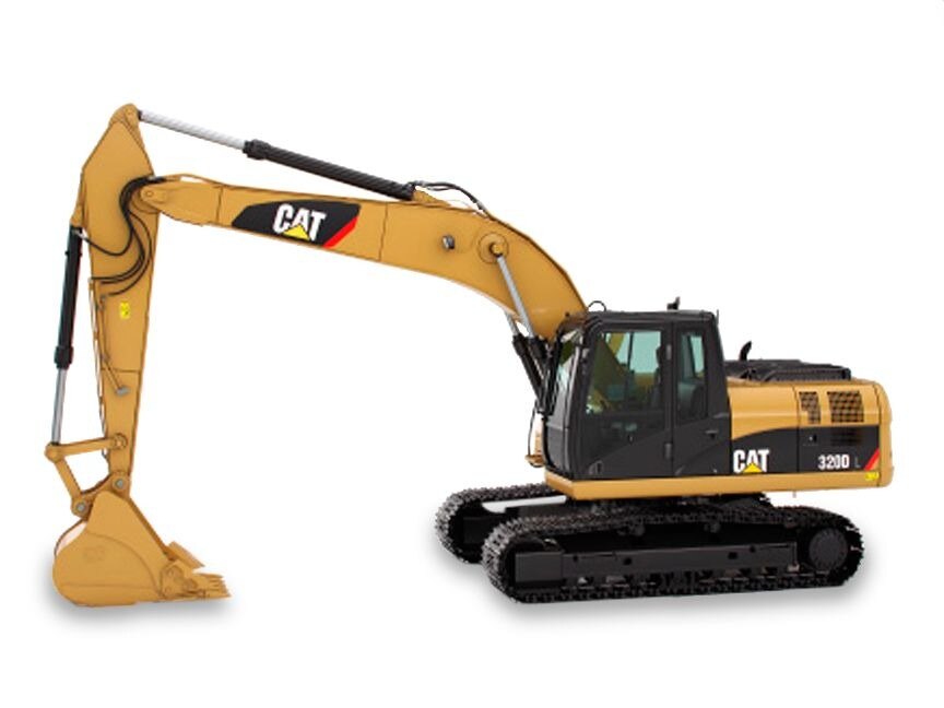 Yellow excavator arm and bucket at golden hour, like the Caterpillar 320D L
