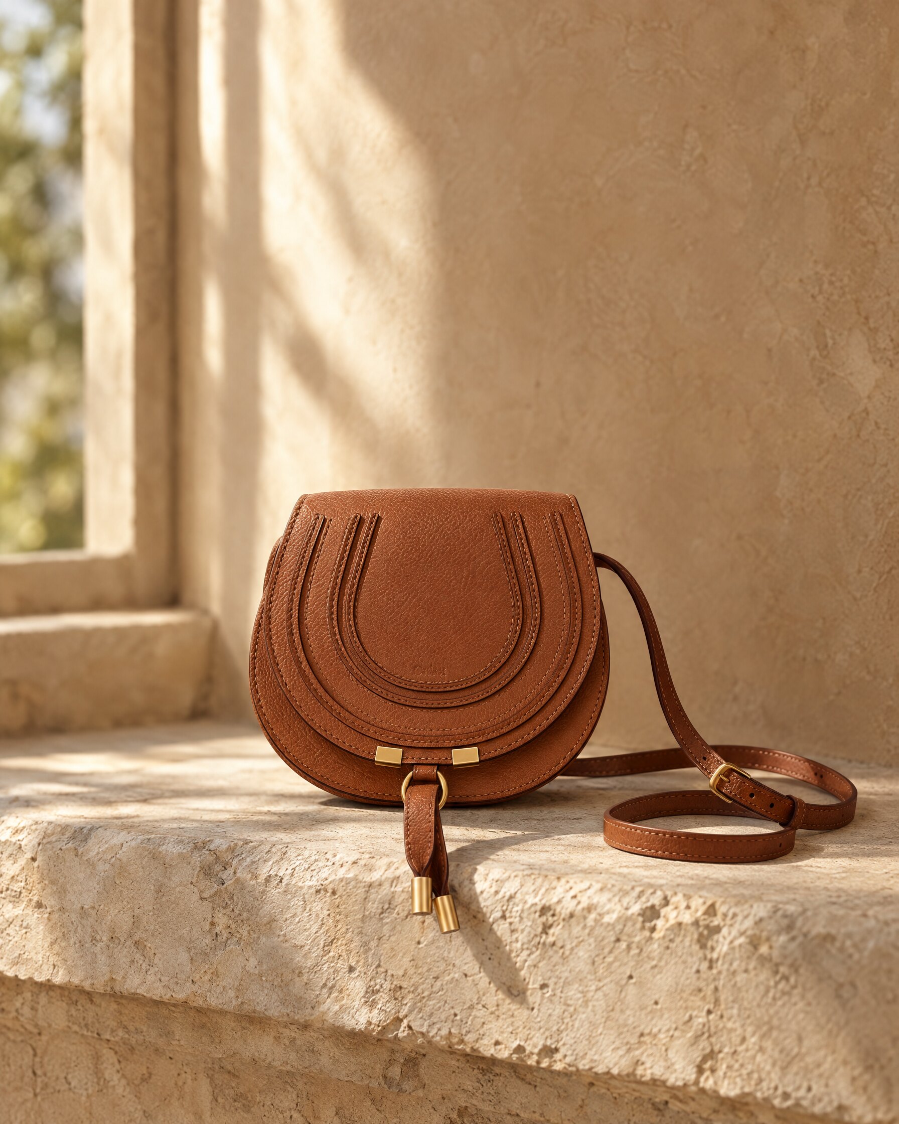 Chloé Marcie Small Saddle Bag in tan leather on a pale stone ledge