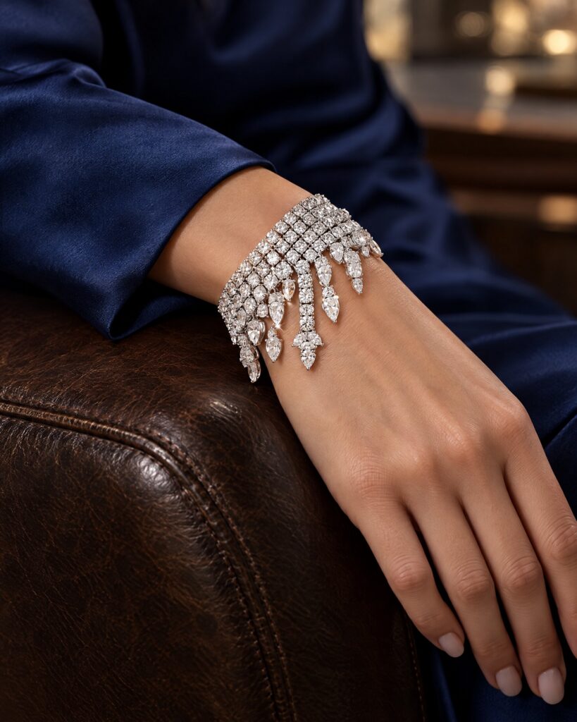 Diamond bracelet worn on a wrist with a navy satin sleeve, resting on a leather chair arm