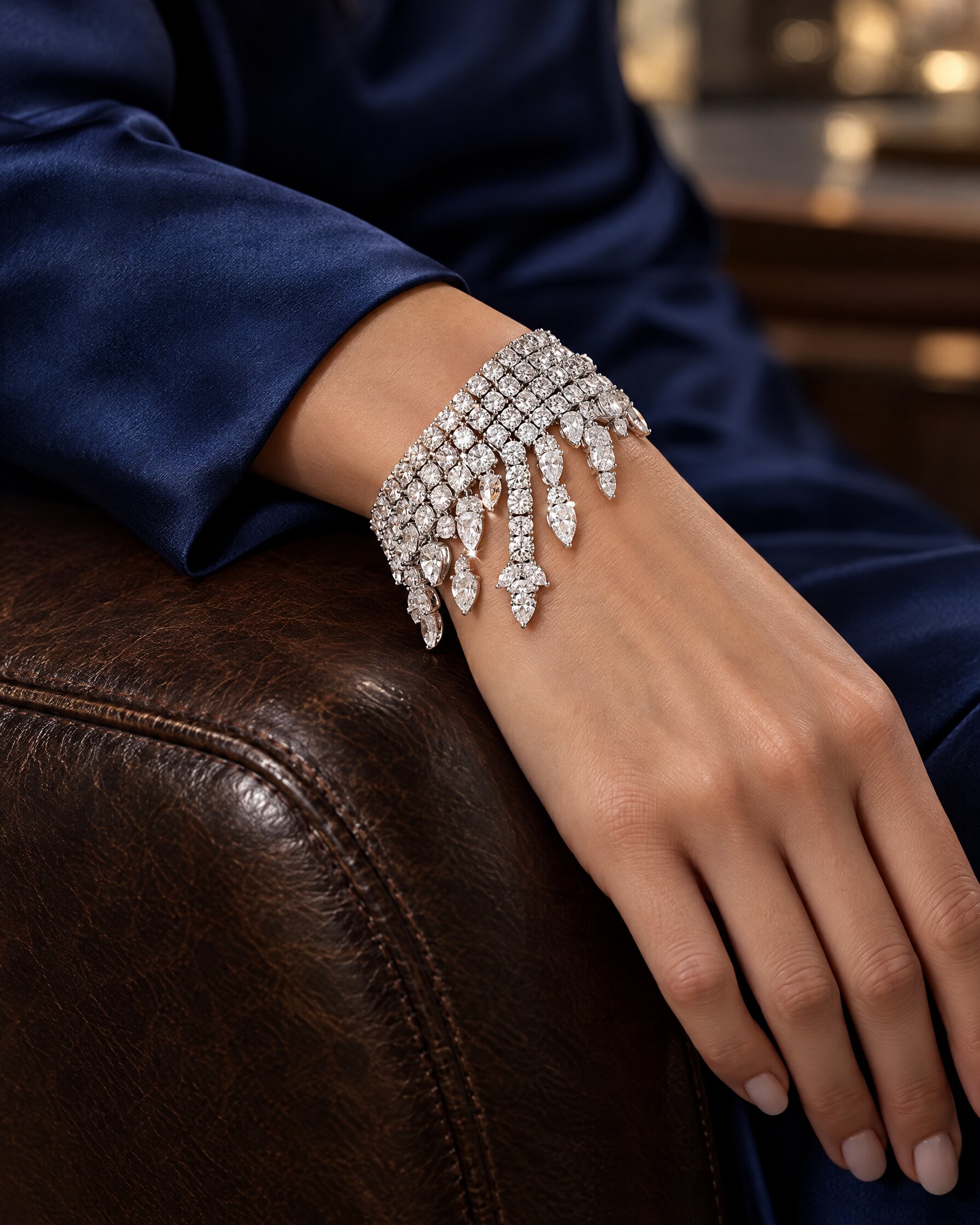 Diamond bracelet worn on a wrist with a navy satin sleeve, resting on a leather chair arm
