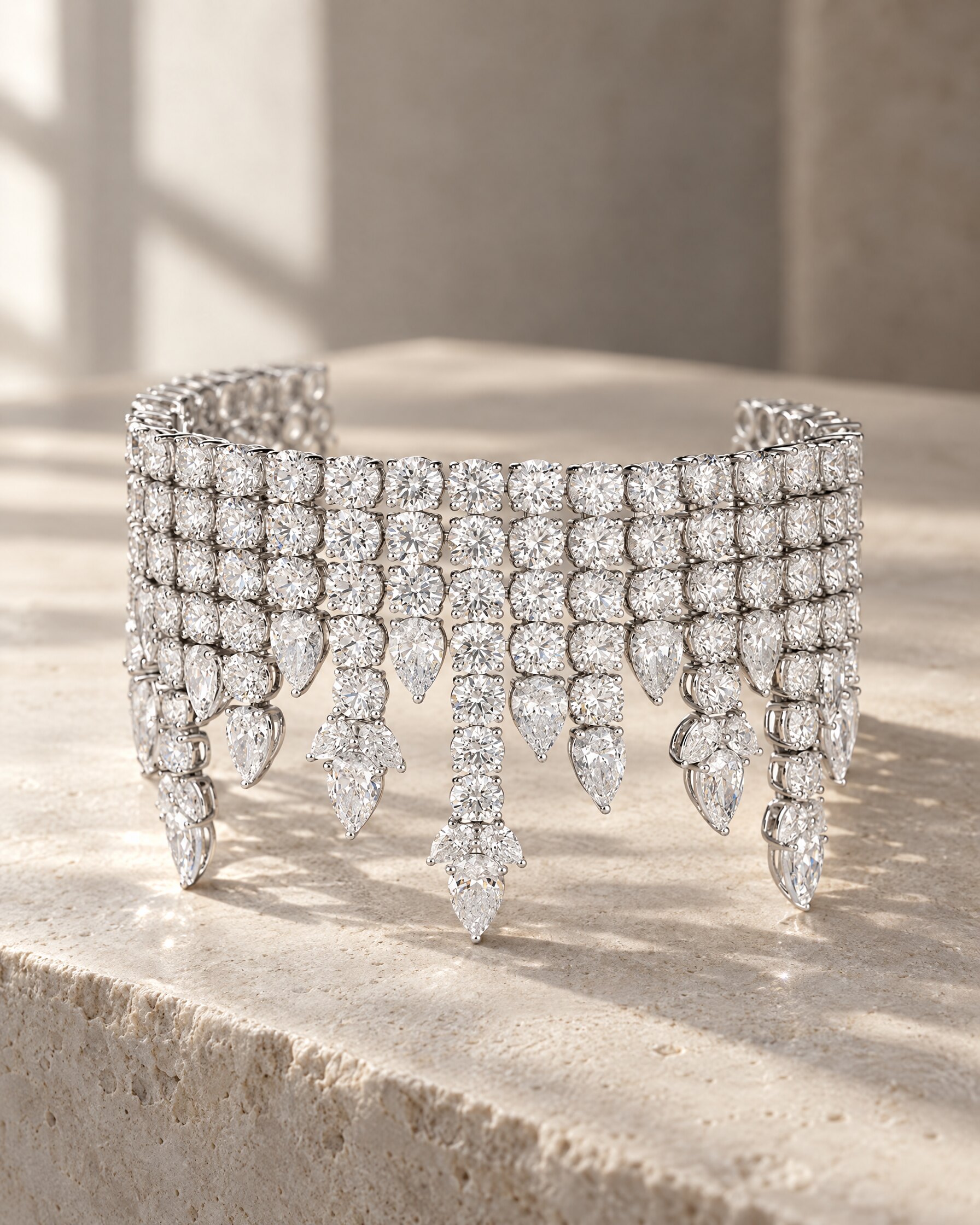 Chopard Green Carpet bracelet set with pear-shaped and round-brilliant diamonds on a pale stone ledge