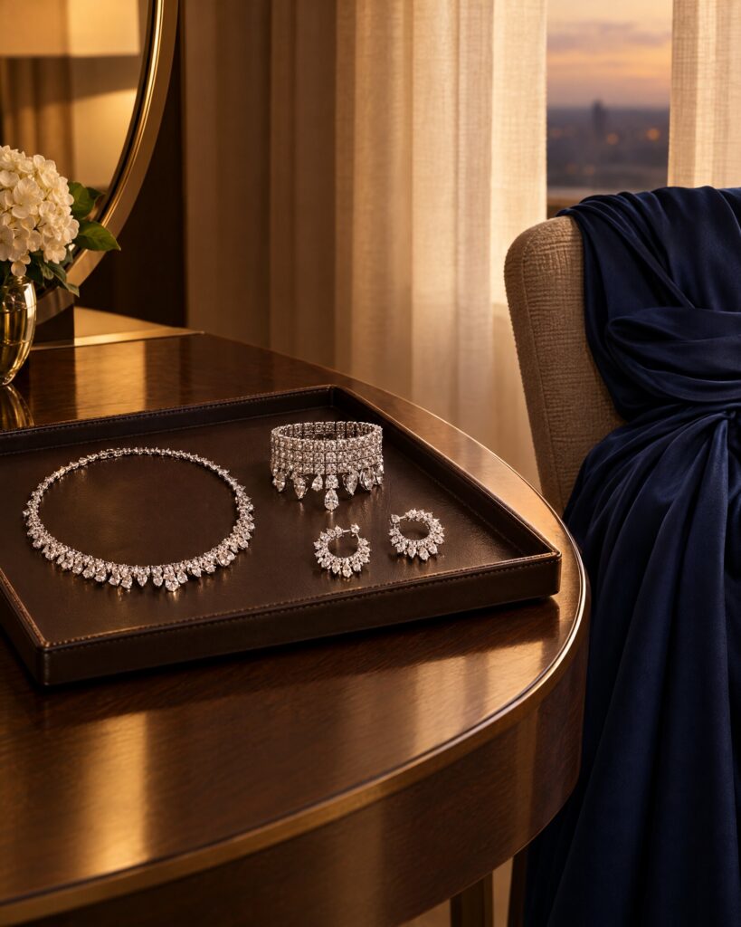 Diamond necklace, bracelet and earrings on a dressing table beside a navy evening gown
