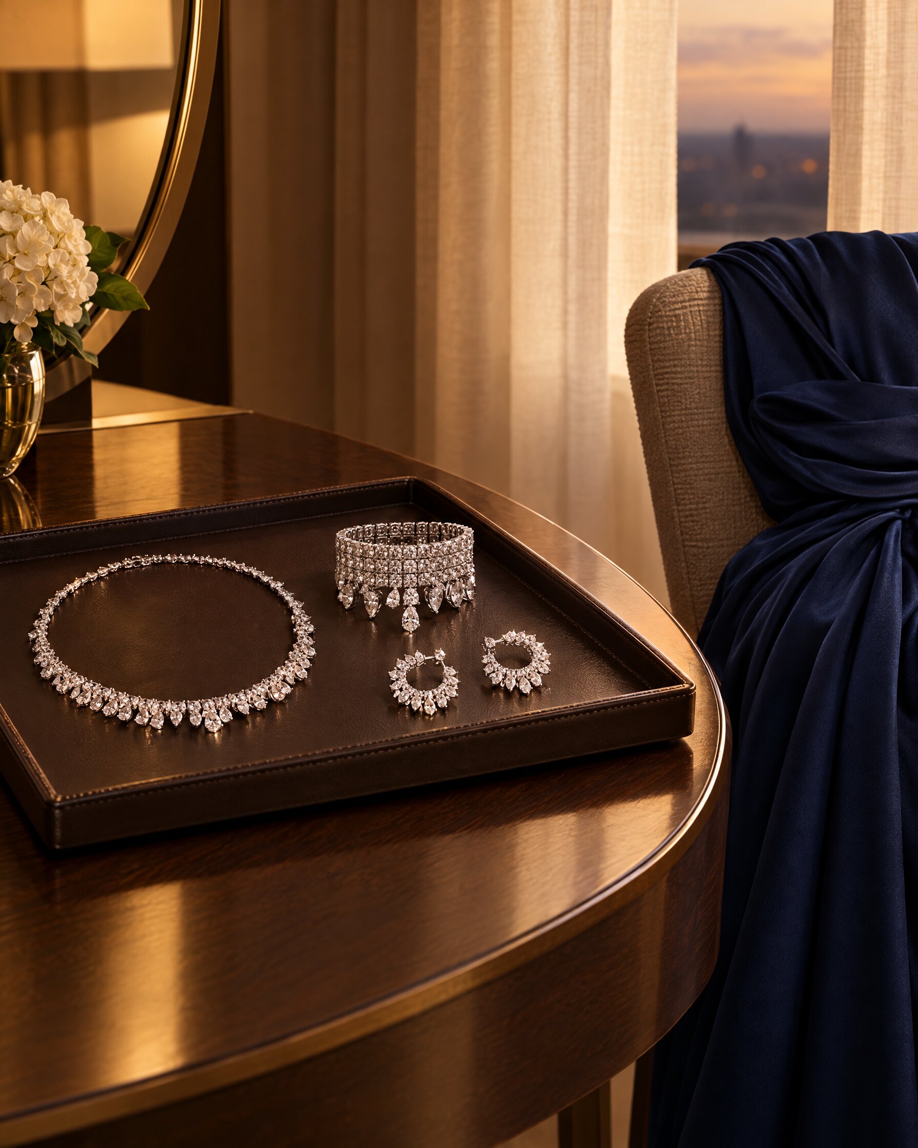 Diamond necklace, bracelet and earrings on a dressing table beside a navy evening gown