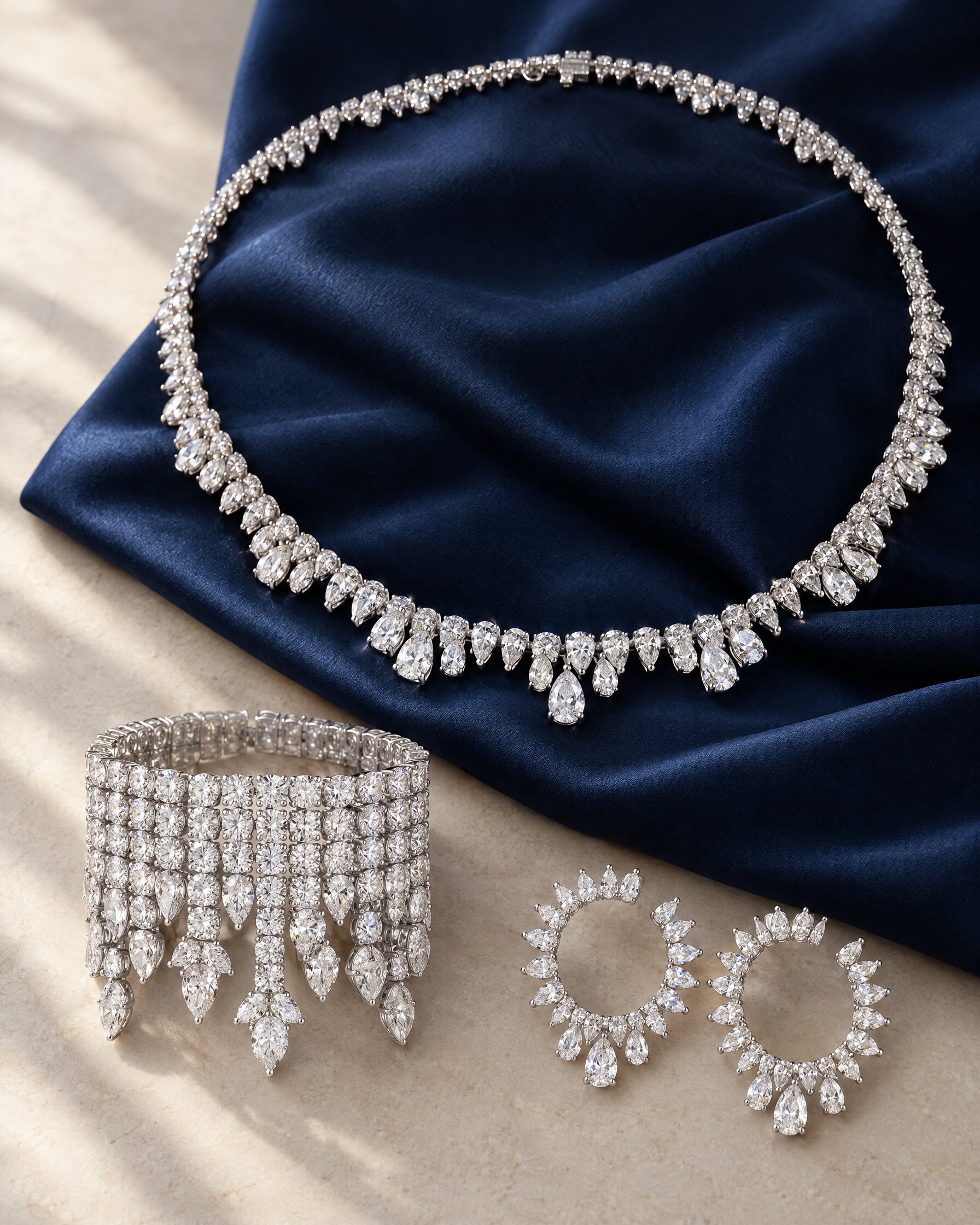Chopard Green Carpet Collection diamond necklace, bracelet and earrings laid on navy silk