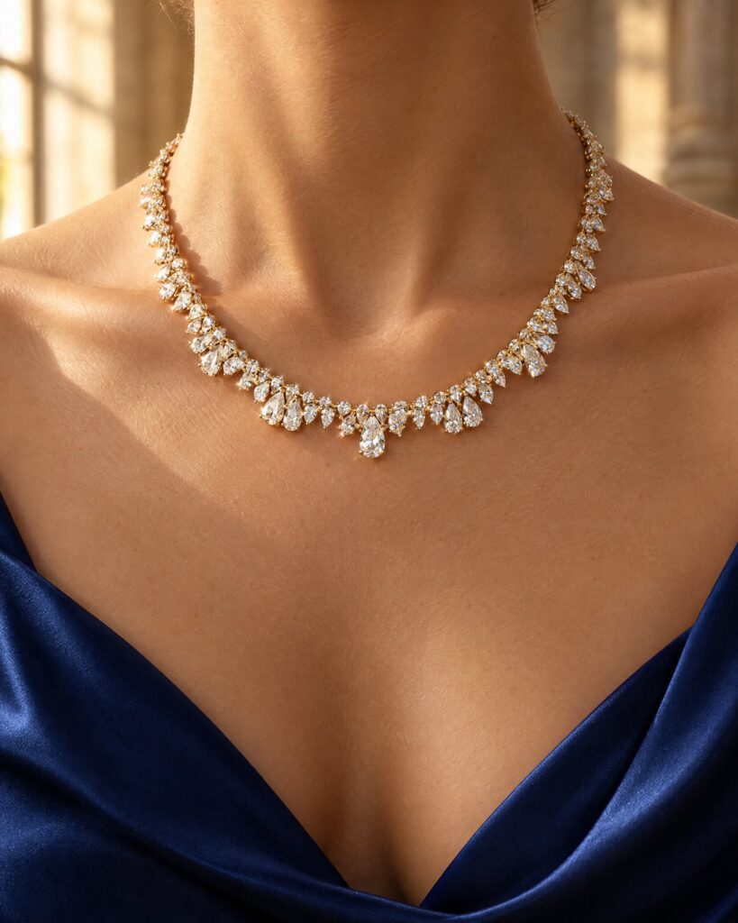 Pear-shaped diamond necklace worn with a blue satin dress, in the spirit of Paloma's look in No Time To Die
