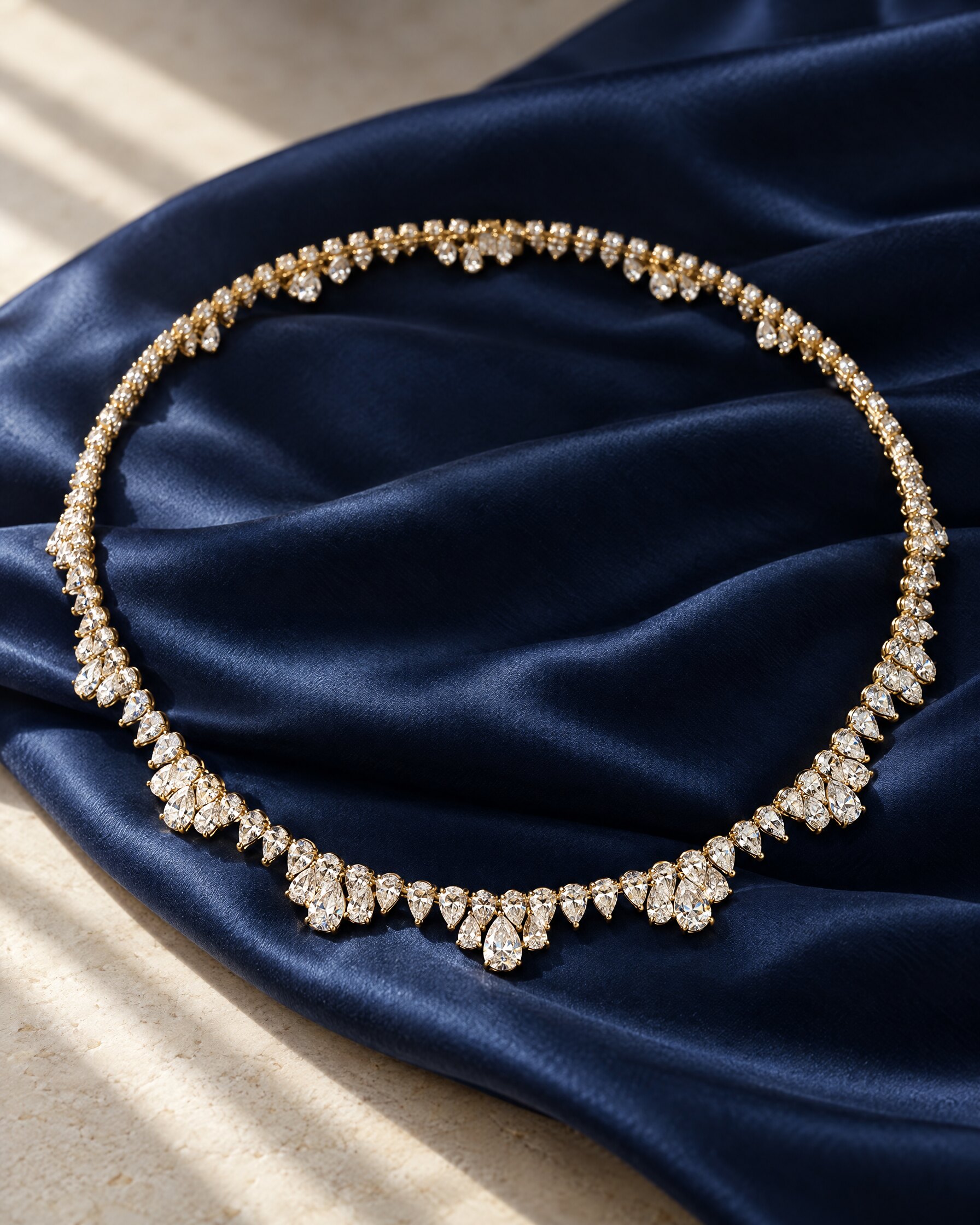 Chopard Green Carpet Collection necklace of pear-shaped diamonds laid on navy silk