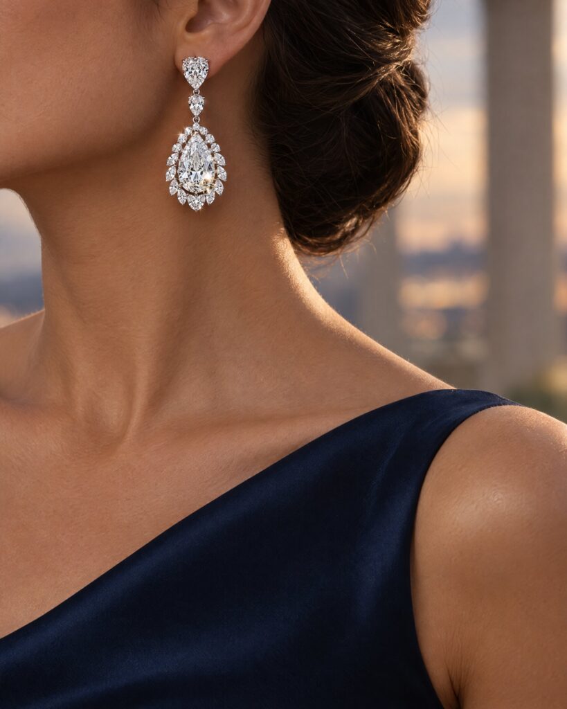 Woman in a midnight-blue satin dress wearing large pear-shaped diamond drop earrings, face out of frame