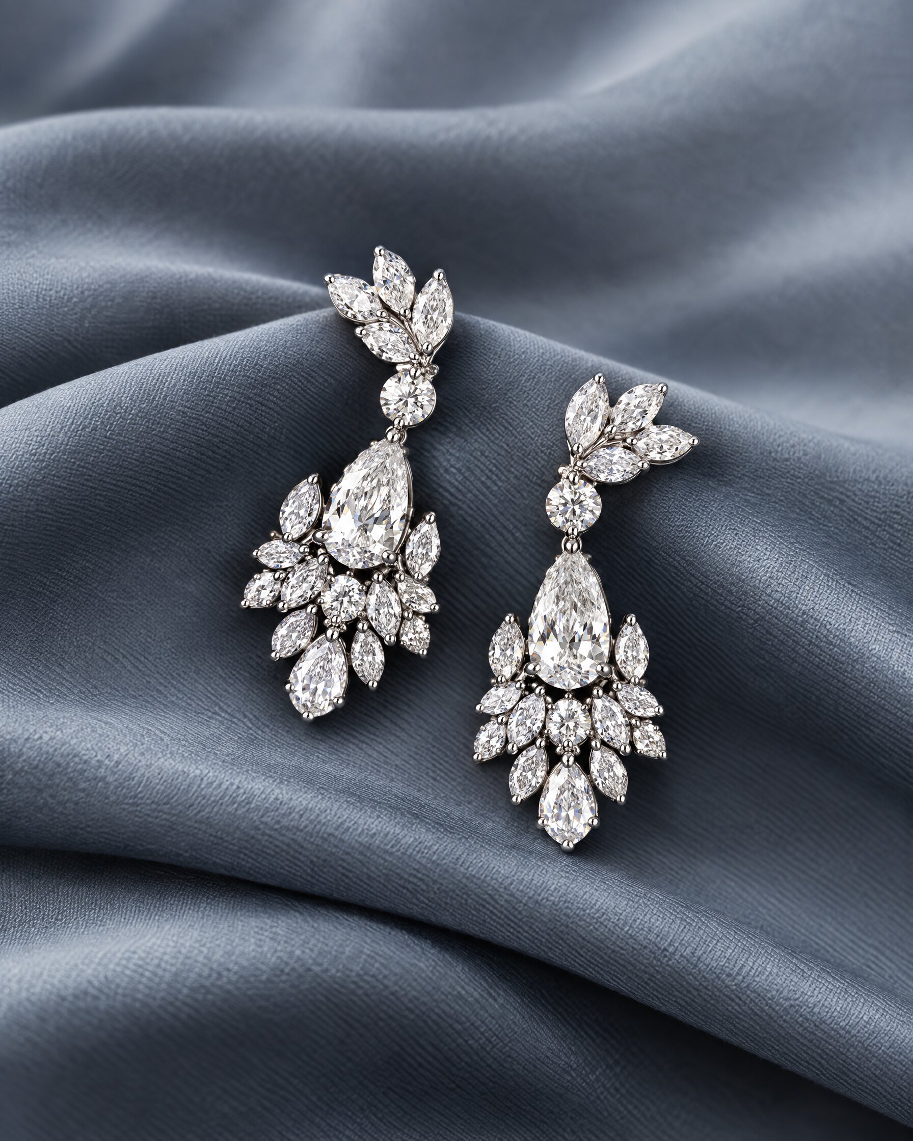 Chopard Green Carpet earrings in the spirit of those worn in No Time To Die: pear-shaped diamond drops on grey-blue silk