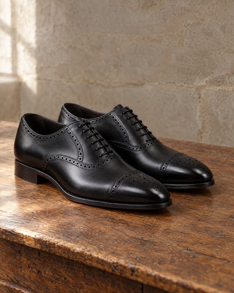 Church's Philip shoes in black calf, quarter brogue oxfords on an oak table