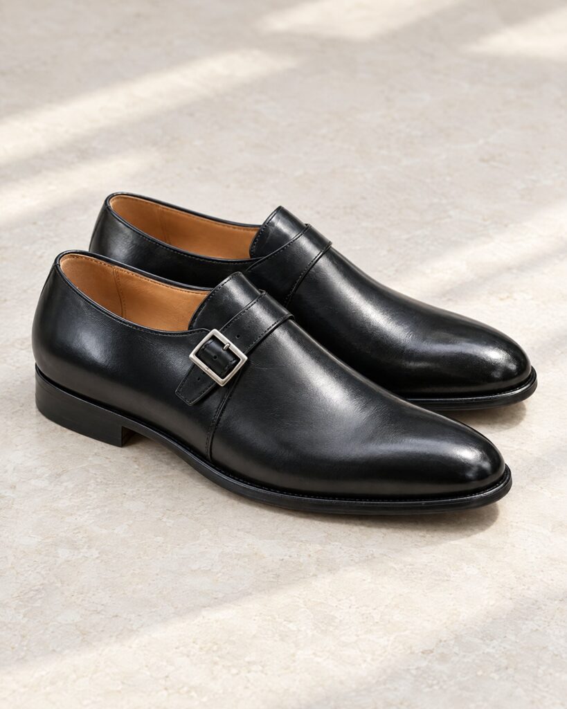 Black single-strap monk shoes with a plain toe on a stone surface
