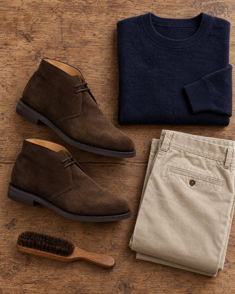 Church's Ryder III chukka boots in dark brown suede laid flat with navy knitwear and stone chinos