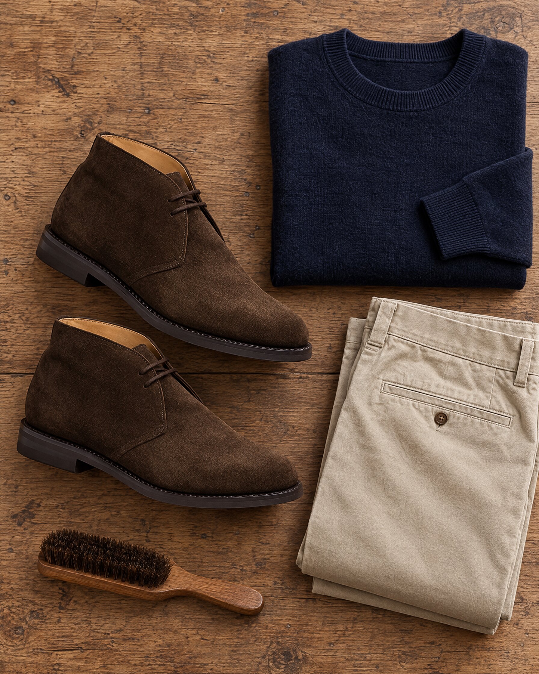 Church's Ryder III chukka boots in dark brown suede laid flat with navy knitwear and stone chinos