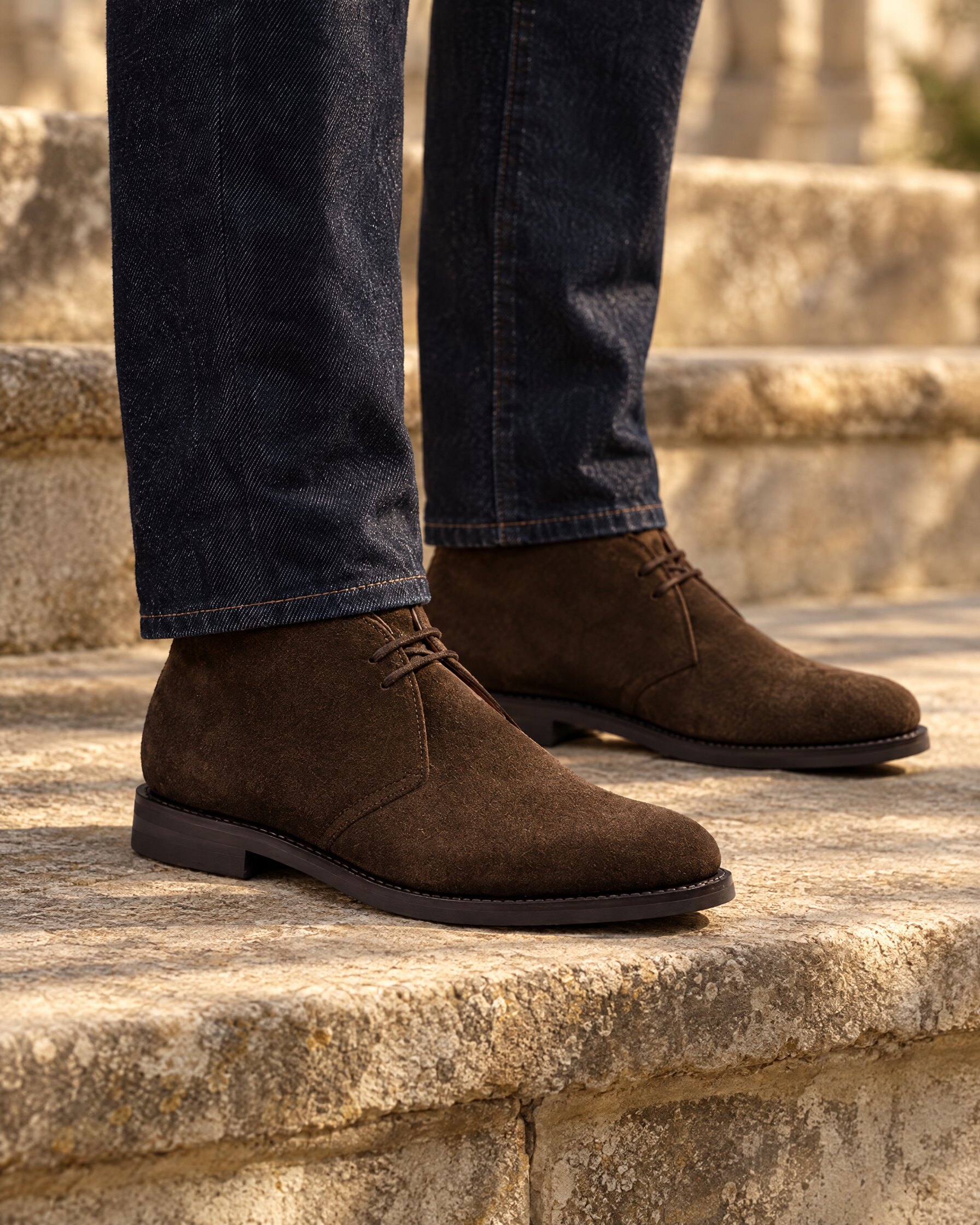 Man in dark denim wearing dark brown suede chukka boots on stone steps in afternoon light
