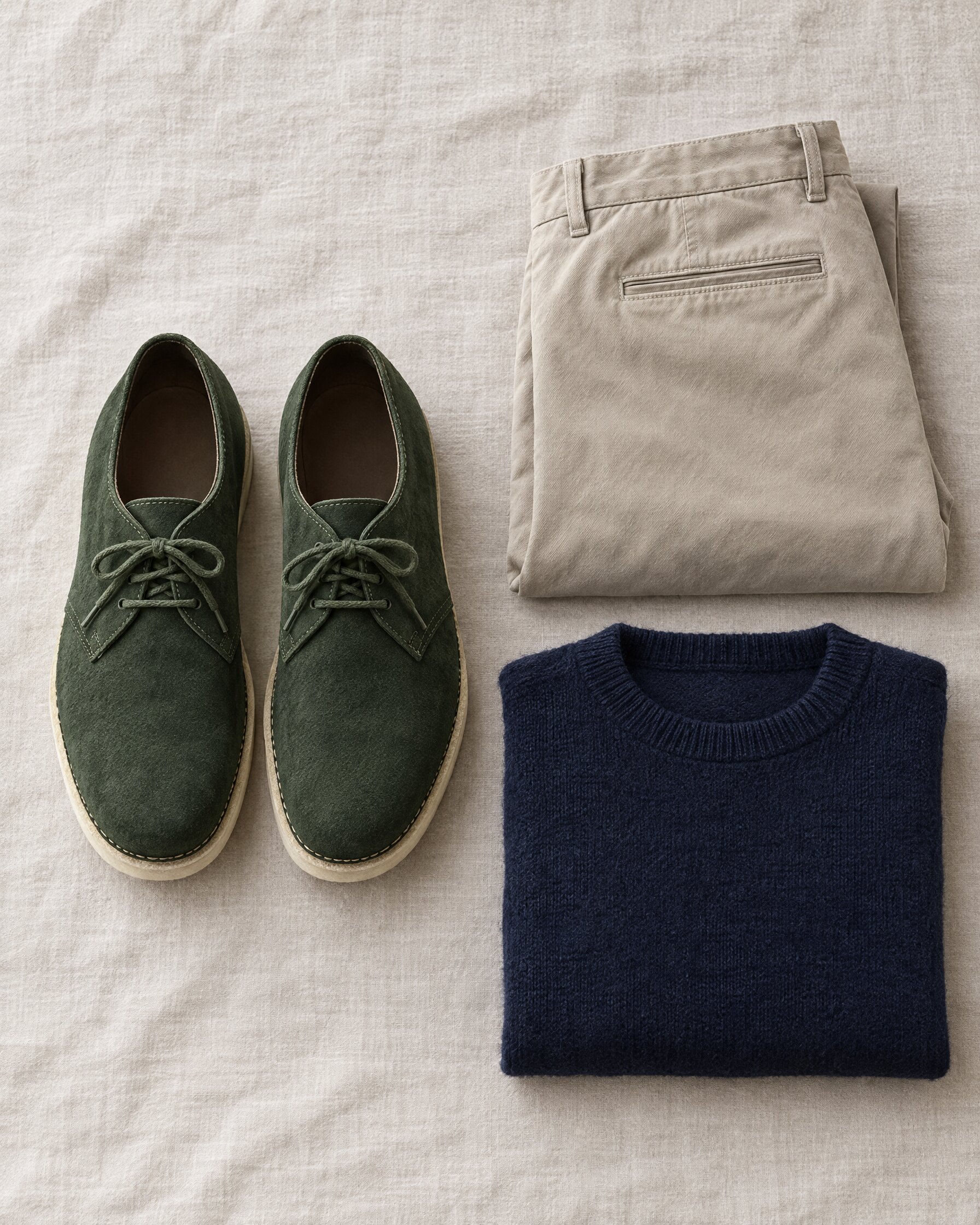 Clarks Originals Desert London in pine green suede with white crepe soles, flat lay with navy knit and stone chinos