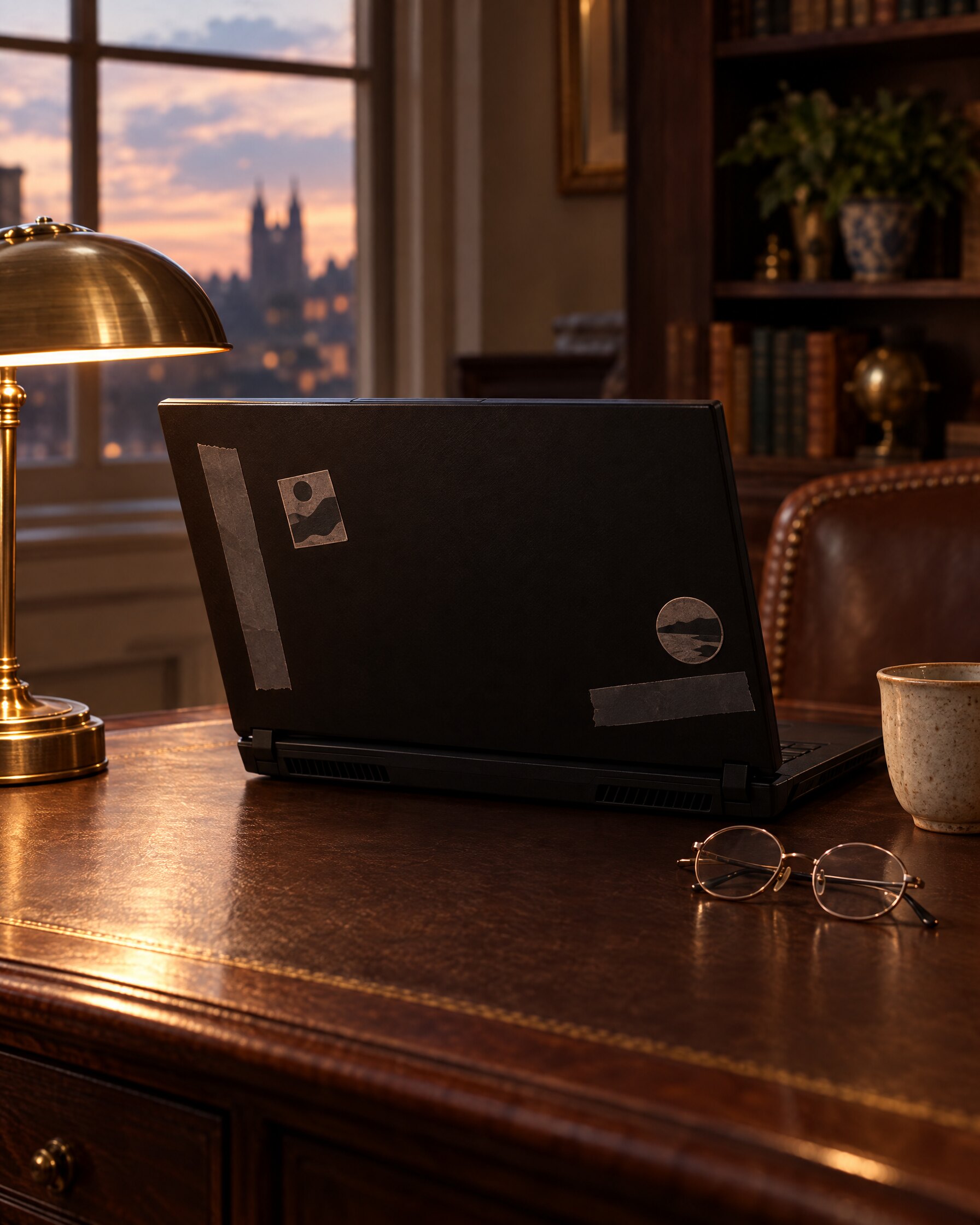 Dressed gaming laptop open on a leather-topped desk beside a brass lamp in a quiet study