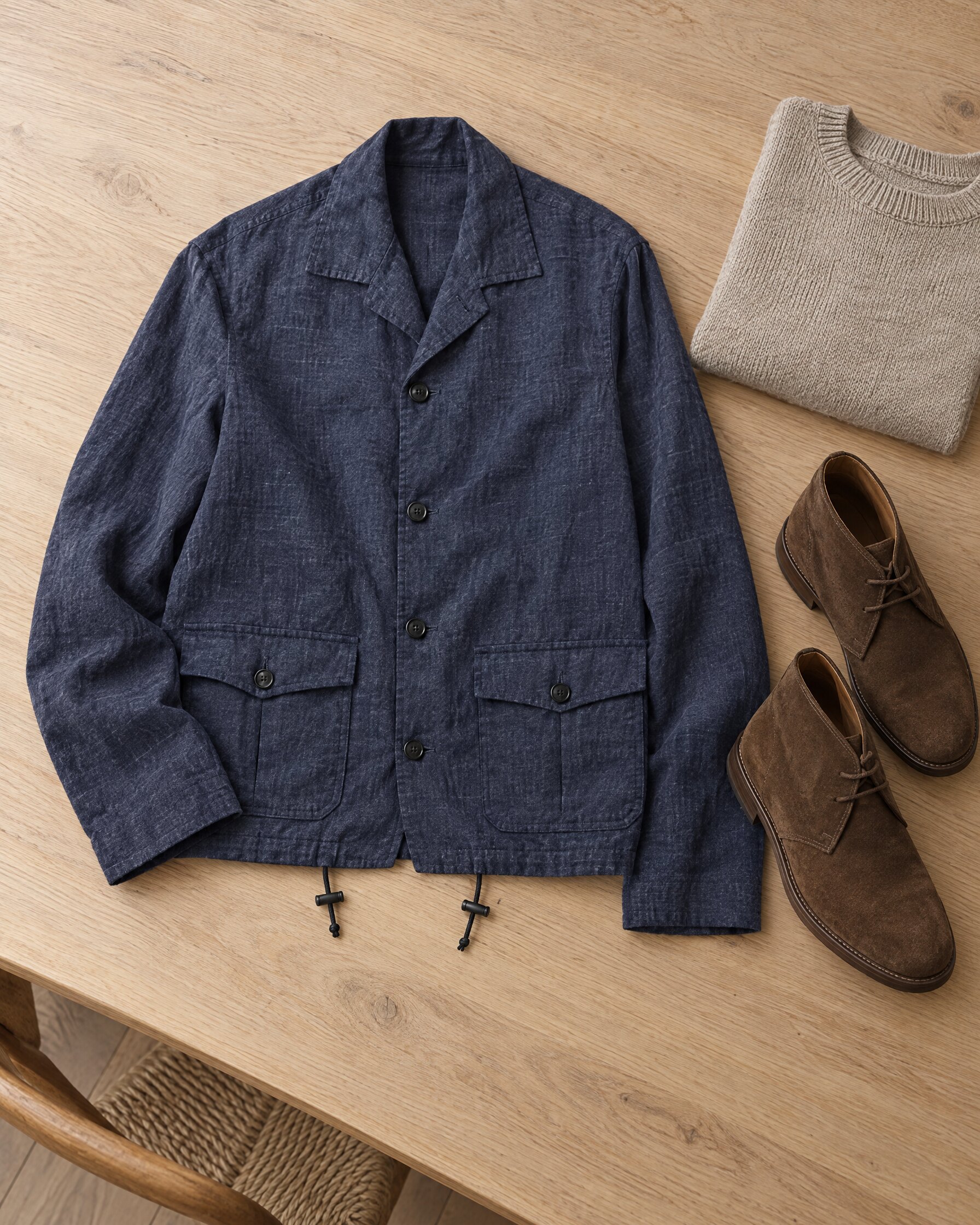 Navy Connolly Giubbino jacket from No Time To Die laid flat beside suede chukka boots and a stone knit