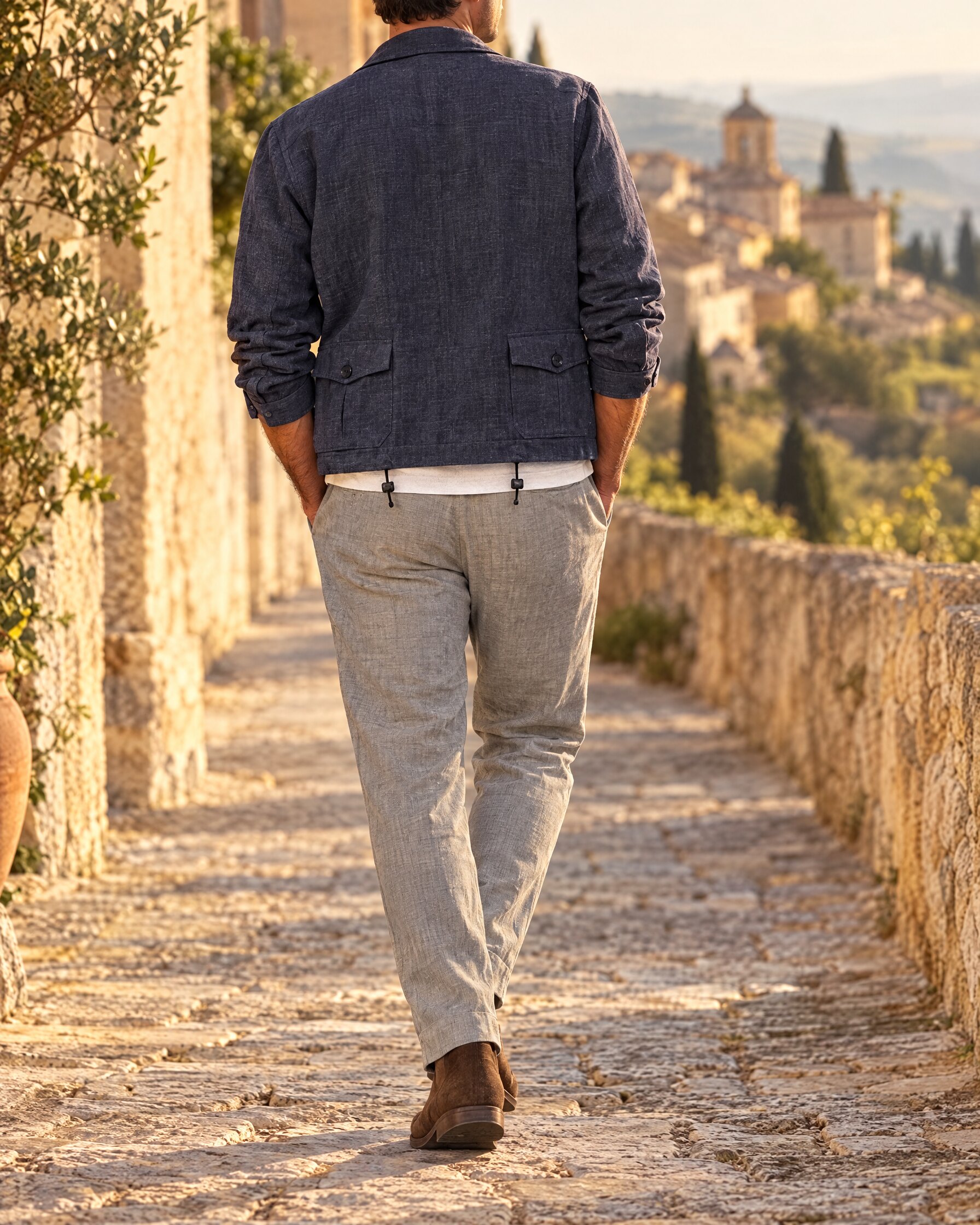 Man in a navy linen jacket and white Henley walking along a stone lane in a hill town