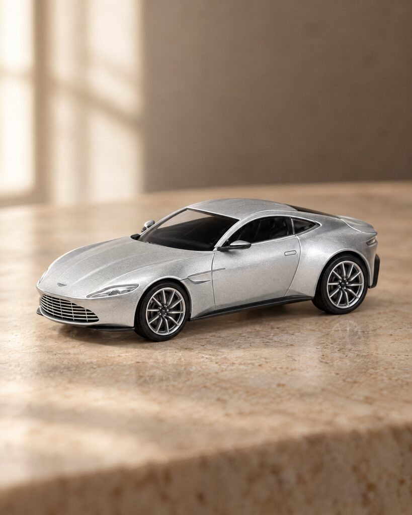 Corgi Aston Martin DB10 1:36 die-cast model in silver, three-quarter front view
