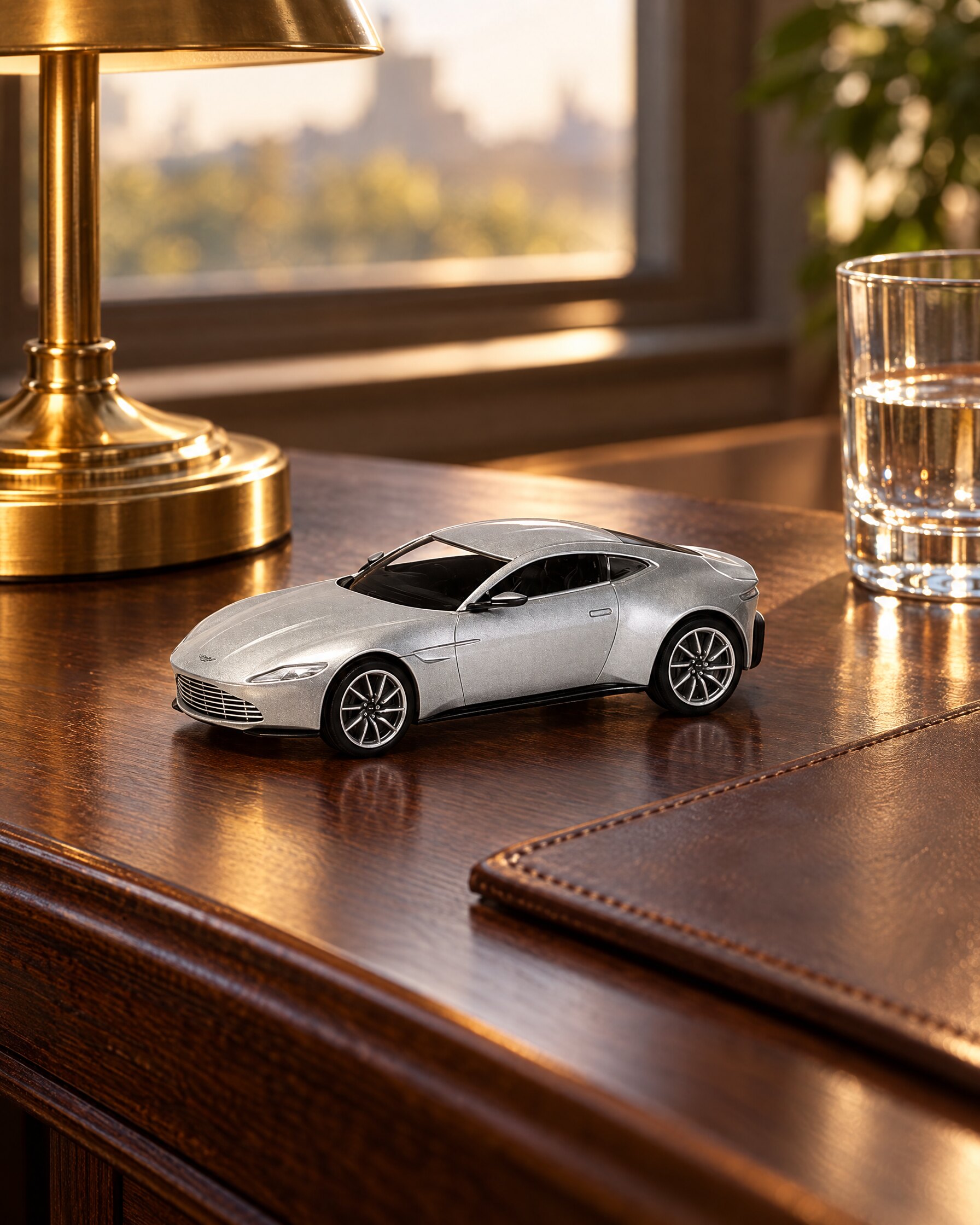 Silver die-cast Aston Martin DB10 model on an oak desk beside a brass lamp
