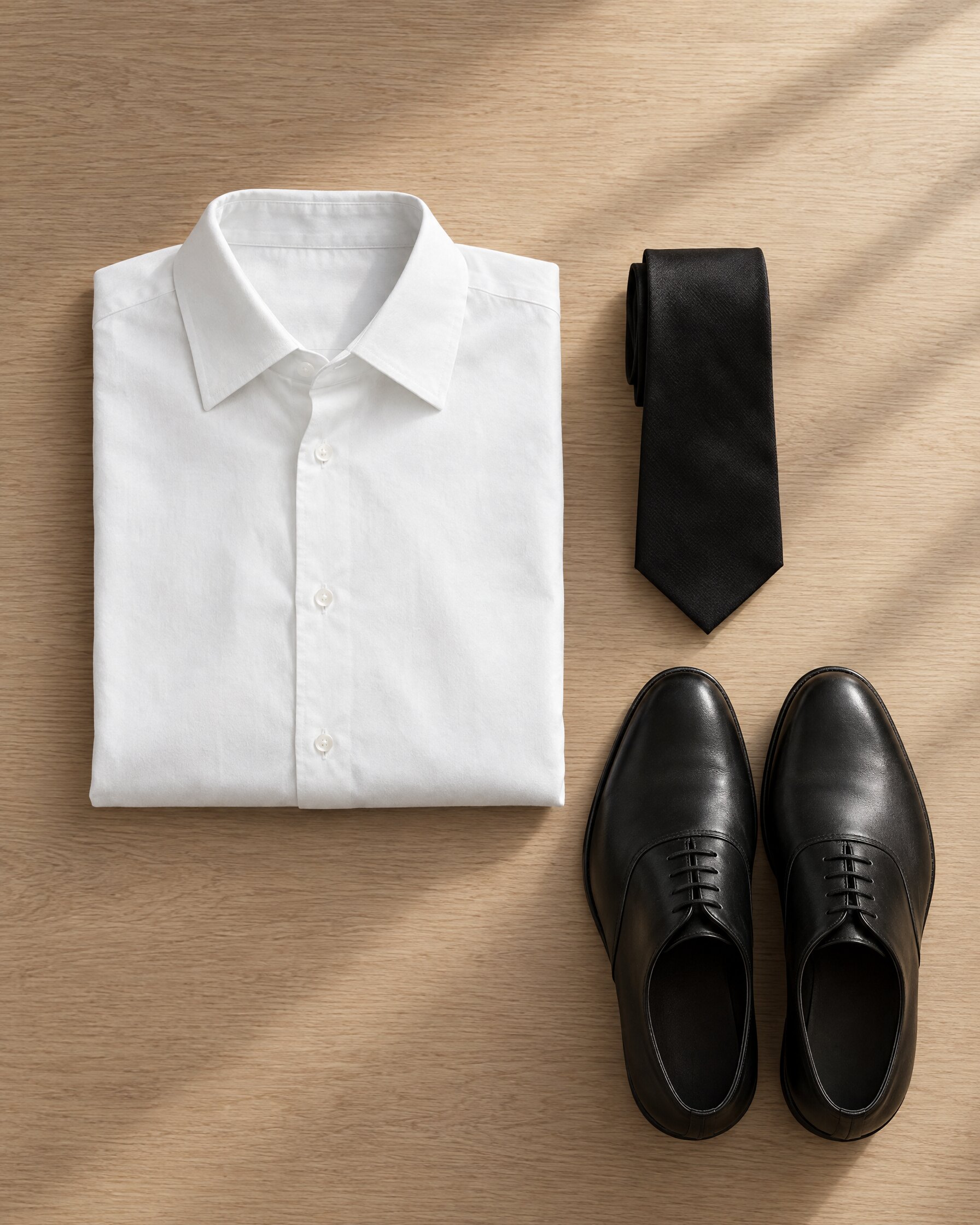 Folded white dress shirt with black tie and dark leather shoes on an oak surface