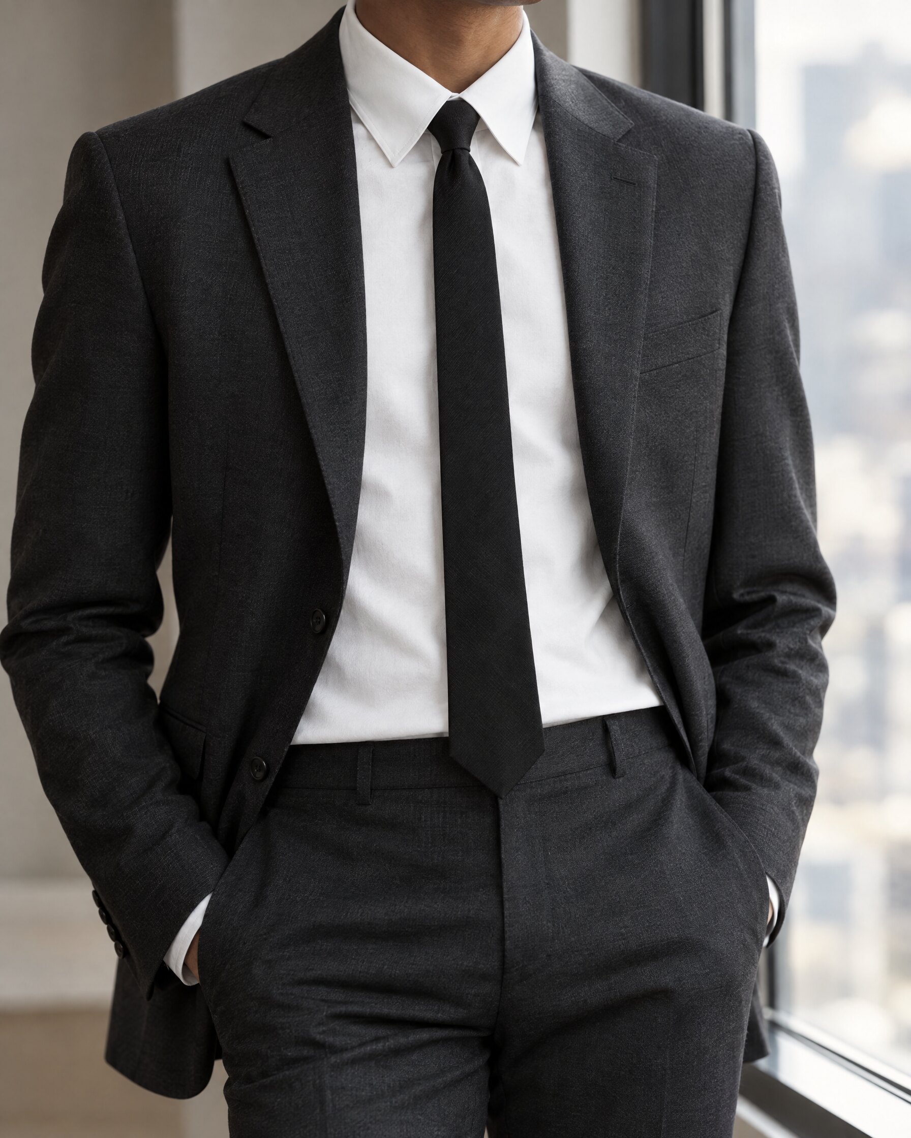 Man in a COS white shirt Skyfall style with black tie and charcoal jacket, cropped below the chin