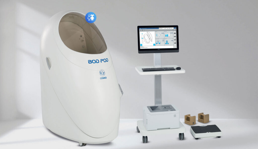Cosmed BOD POD body-composition chamber in a bright laboratory