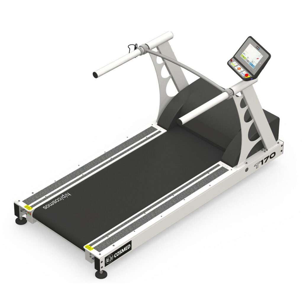 Clinical treadmill with handrail crossbar in a bright white laboratory