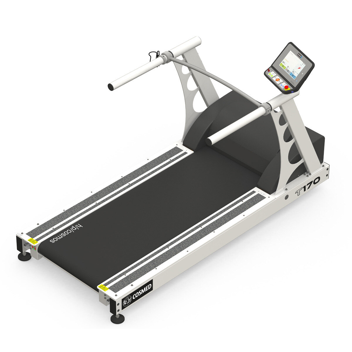 Clinical treadmill with handrail crossbar in a bright white laboratory