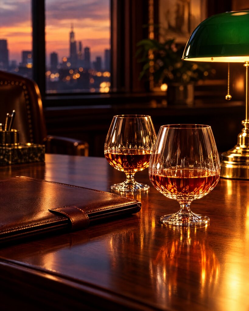 Two glasses of cognac on a desk under a green-shaded lamp