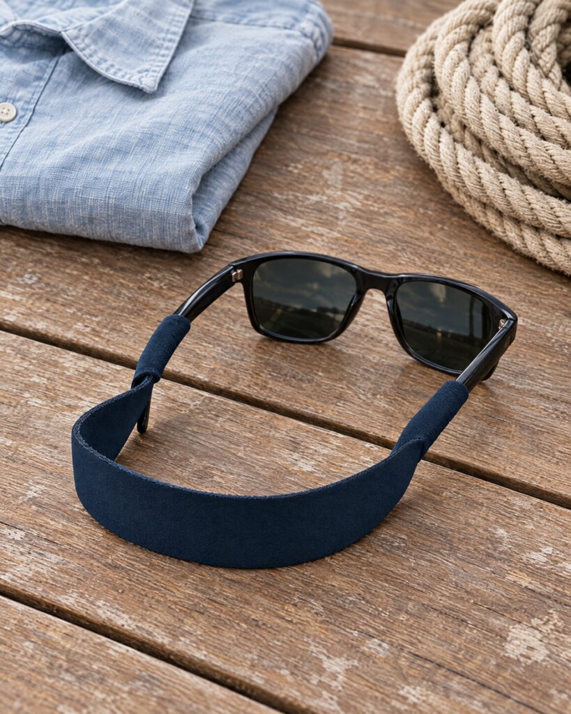 Navy Croakies Original sunglasses strap looped through dark sunglasses on a teak surface