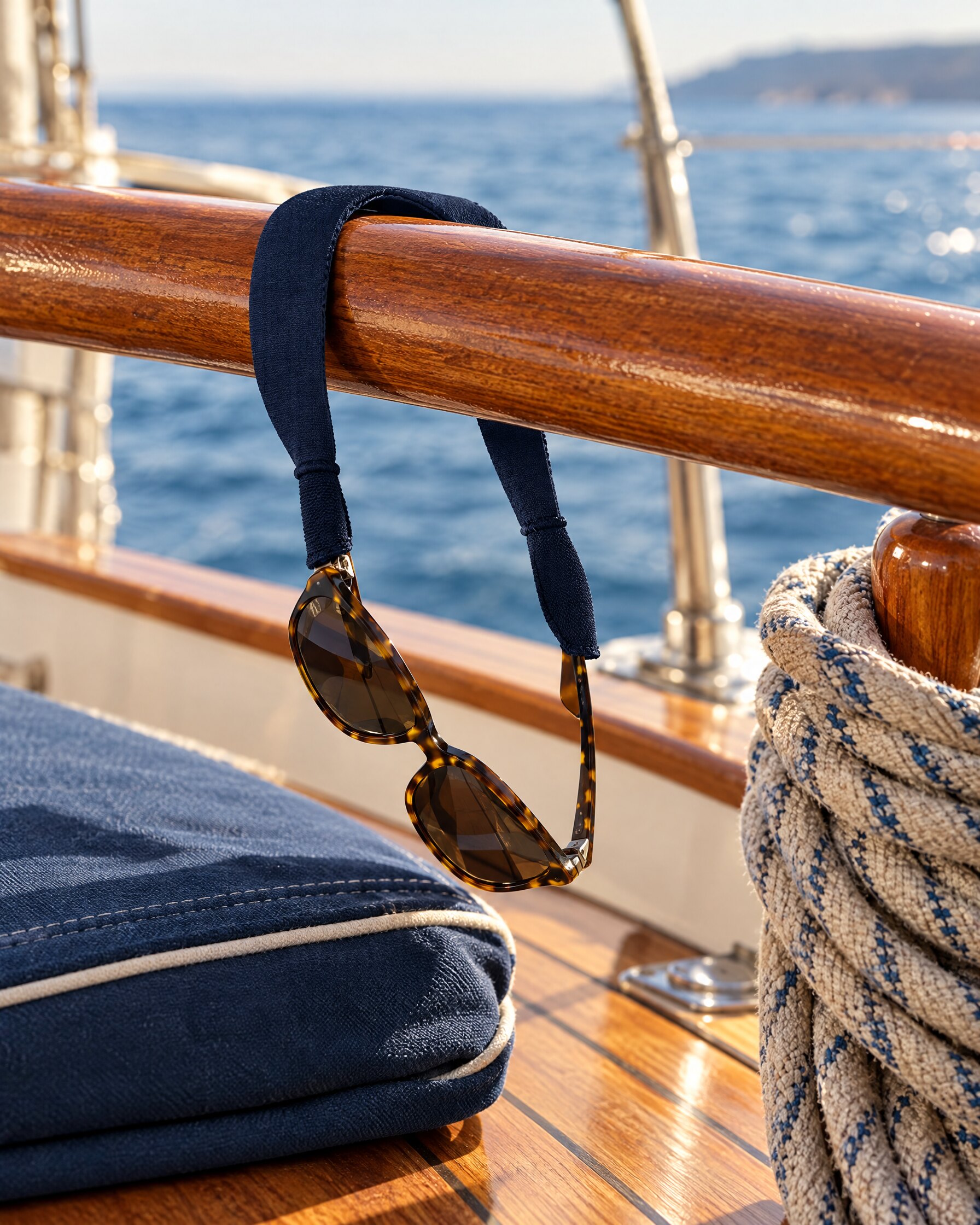 Sunglasses on a navy neoprene strap hanging from a teak rail on a sailing boat deck