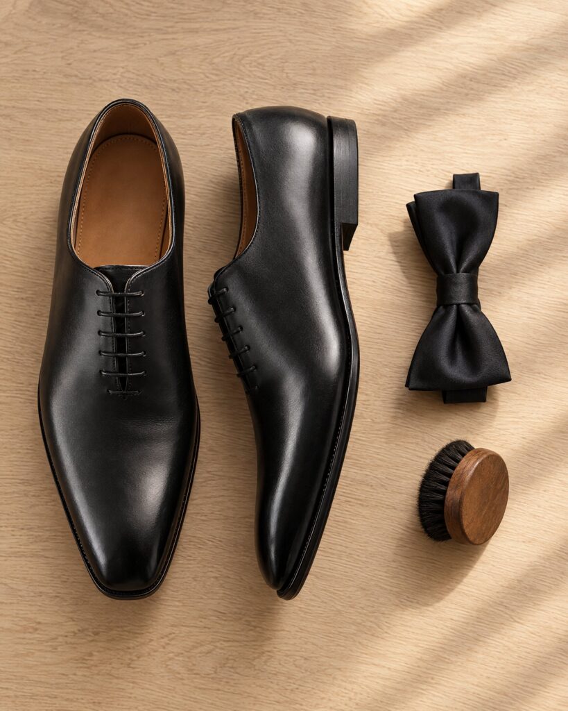 Crockett & Jones Alex black calf oxford shoes beside a folded black bow tie